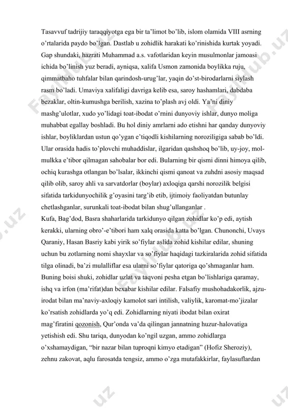 qaramay, ishq va irfon (ma’rifat)dan bexabar kishilar edilar. falsafiy mushohadakorlik, ajzu-irodat bilan ma’naviy-axloqiy kamolot sari intilish, valiylik, karomat-mo’jizalar ko’rsatish zohidlarda yo’q edi. zohidlarning niyati ibodat bilan oxirat mag’firatini qozonish, qur’onda va’da qilingan jannatning huzur-halovatiga yetishish edi. shu tariqa, dunyodan ko’ngil uzgan, ammo zohidlarga o’xshamaydigan, “bir nazar bilan tuproqni kimyo etadigan” (hofiz sheroziy), zehnu zakovat, aqlu farosatda tengsiz, ammo o’zga mutafakkirlar, faylasuflardan ajralib turadigan, shariat ilmini suv qilib ichgan, toatu ibodatda mustahkam, lekin oddiy dindorlardan farqlanadigan ajoyib xislatli odamlar toifasi paydo bo’lgan edi. ularning fe’l-atvori, yurish-turishi, odatdan tashqari so’zlari va ishlari atrofdagilarni hayratga solar, ba’zilarining g’aybdan bashorat beruvchi karomatlari, sirli mo’jizalari aqllarni lol qoldirardi. ularni ahlulloh, avliyo, ahli hol, ahli botin, arbobi tariqat, darvesh, qalandar, faqir degan nomlar bilan tilga olardilar. ammo bu toifaga nisbatan “so’fiy” nomi ko’proq qo’llanilgan, chunki so’fiy so’zining ma’nosi ancha keng bo’lib, boshqa tushuncha va atamalarni o’z ichiga sig’dirardi. xo’sh tasavvuf so’zi qayerdan paydo bo’lgan ?. tasavvuf …