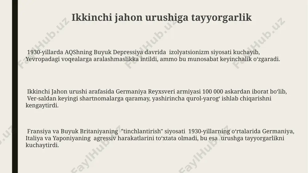 higa sabab boʻldi. ikkinchi jahon urushi oraligʻida germaniyada 1933-yilda fashistlar partiyasi hokimiyatni qoʻlga kiritdi, bu esa butun yevropada siyosiy beqarorlik va milliy sotsialistik gʻoyalar tarqalishini kuchaytirdi. 1920-yillarning oxiri va 1930-yillarning boshlarida buyuk depressiya yevropaning ko'pgina mamlakatlarida, jumladan, buyuk britaniya va fransiyada ham iqtisodiy inqirozga sabab boʻldi, bu esa ijtimoiy noroziliklarning kuchayishiga olib keldi. iqtisodiyot va ijtimoiy oʻzgarishlar 1930-yillar davomida, ayniqsa buyuk britaniya va frantsiyada, ijtimoiy ta'minot tizimlari kengayib, qariyalar va ishsizlarga yordam beruvchi dasturlar joriy etildi. 1930-yillarning oxiriga kelib, aqshning "new deal" siyosati va ba'zi yevropa mamlakatlaridagi sotsial-demokratik islohotlar tufayli milliy daromadlar asta-sekin o'sishni boshladi, lekin tengsizlik muammosi saqlanib qoldi. 1929-yilda aqshda boshlangan buyuk depressiya yevropa mamlakatlarining iqtisodiyotini jiddiy ravishda inqirozga yubordi, germaniya kabi davlatlarda ishsizlik darajasi 30% dan oshdi. e'tiboringiz uchun rahmat @taqdimot_robot