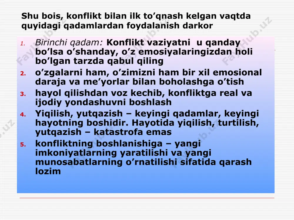 angitdan, yangi vaziyatda yashash qonuniyatiga, yangi imkoniyatga, yangi munosabatlarga aylantirish darkor demak, konflikt – hayotning tugashi emas, balki yangi hayotning boshlanishidir. shunday qilib, konflikt yechimiga qaratilgan sayi-harakatlar passiv, impulsiv yoki aktiv, faol bo’lishi mumkin. konfliktga faol munosabat unga nisbatan ongli munosabatni talab etadi. xulosa o’rnida: biz eng zarur shart, ya’ni konfliktni o’z holicha tashlab qo’ymaslik kerak konfliktlarni boshqarish usullari konflikt yechimi uchun zarur bo’lgan insoniy fazilatlar va ko’nikmalar haqida gapirdik. ammo shu bilan birga konflikt yechimini topish uchun konfliktni boshqarishning o’ziga xos usullari ham egallash darkor konfliktologiyada konfliktlarni boshqarish usullari odamlarning xarakteri, o’zini tutishi, psixologiyasi asosida ishlab chiqilgan konfliktlarni boshqarishning besh asosiy usuli mavjud. odatda, konfliktlar nazariyasida bu usullar turli hayvonlar hatti-harakati asosida biror «jonivor»ning o’zini tutish xususiyatlariga nisbat beriladi. konfliktlarni boshqarish usullari moslashish va ko’nikish usuli – «qo’y» «bu mening ishim emas» usuli – «straus» agressiv usul – «akula» kompromiss (kelishuvchanlik) usuli – «tulki» hamkorlik usuli – «boyo’g’li» “қўй” …