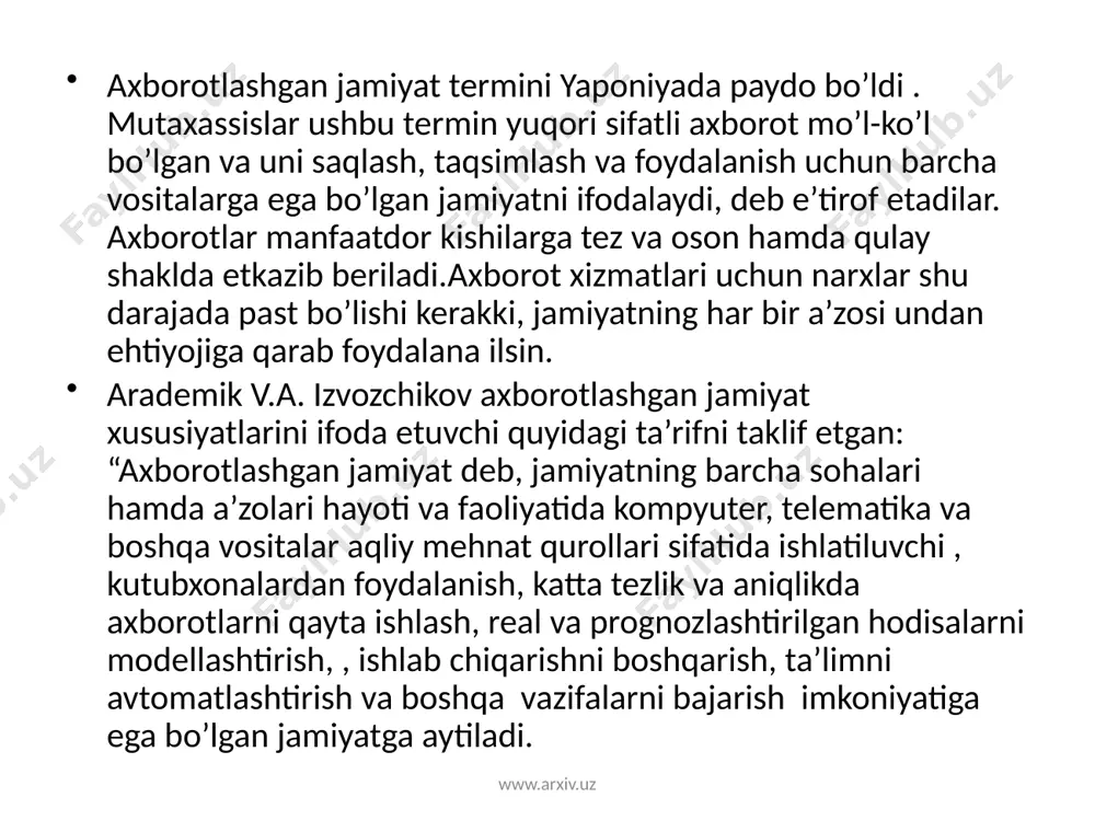 ositalarining pivojlanish jarayoni bir tekis kechmagan va bir necha bor axborot sohasida “informatsion inqilob” deb ataluvchi global ahamiyat kasb etuvchi hodisalar yuz bergan. birinchi information inqilob yozuvning kashf etilishi bilan bog’liq. yozuv insoniyatga bilimlarni to’plash va uni avlodlarga uzatish imkonini berdi. www.arxiv.uz o’z yozuviga ega bo’lgan sivilizatsiyalar boshqalariga nisbatan uqori iqtisodiq va madaniy darajaga erishganligi ma’lum. bunga misol qilib, qadimgi misr, ikki daryo oralog’i davlatlari,xitoy kabilarni keltirish mumkin.bu borada piktografik va ieroglifik yozuvdan alfavitli yozuvga o’tish alohida ahamiyatga ega bo’ldi. ikkinchi information inqilob (xvi asr o’rtalari) – kitob bosishning ixtiro qilinishi bilan bog’liq.bu hodisa axborotlarni caqlabgina qolmay, ularni ommaga yoyish imkoniyatini yaratdi.savodxonlik alohoda tabaqalar doirasidan chiqib, ommaviy tusga kirdi.bular ilmiy texnika rivojlanish jarayonini tezlashtirdi. kitoblar bilimlarning alohida mamlakat chegarasidan chiqib, umuminsoniy sivilizatsiya yaratilish jarayonoga turtki bo’ldi. www.arxiv.uz axborot katta oqimlarining vujudga kelishi bilimlarning turli sohalari bo’yicha davriy nashrlarning ko’payib borishi; masalan, хх asr boshlarida ilmiy xodim uchun fizika sohasida chop …