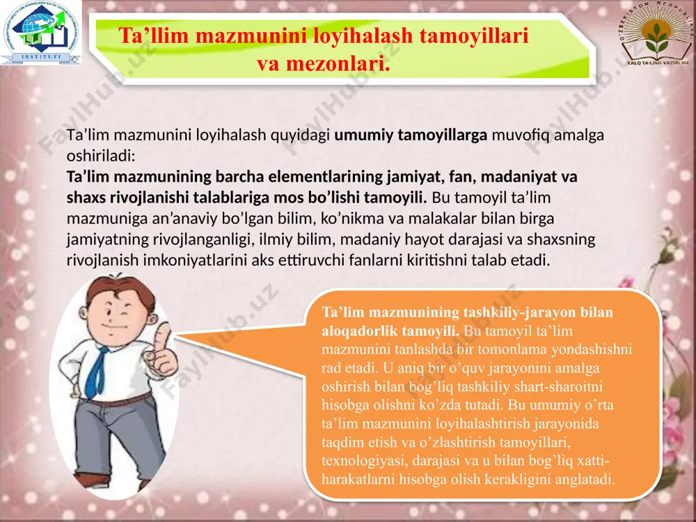 idagi davlat va jamiyat talablariga, shaxs ehtiyojiga mosligi; umumiy o’rta ta’limning boshqa ta’lim turlari va bosqichlari bilan uzluksizligi va ta’lim mazmunining uzviyligi; umumiy o’rta ta’lim mazmunining respublikadagi barcha hududlarda birligi va yaxlitligi; umumiy o’rta ta’limning mazmuni, shakli, vositalari va usullarini tanlashda innovatsiya texnologiyalariga asoslanilganligi; o’quvchilarda fanlarni o’rganish va ta’lim olishni davom ettirish uchun tayanch va fanlarga oid umumiy kompetensiyalarni rivojlantirishning ta’minlanganligi; rivojlangan xorijiy mamlakatlarning ta’lim sohasida me’yorlarni belgilash tajribasidan milliy xususiyatlarni hisobga olgan holda foydalanish. davlat ta’lim standarti quyidagi tarkibiy qismlardan iborat: umumiy o’rta ta’limning tayanch o’quv rejasi; umumiy o’rta ta’limning o’quv dasturi; umumiy o’rta ta’limning malaka talablari; baholash tizimi. 8 metod, usul va texnologiya. metod so’zi yunoncha tadqiqot, maqsadga erishish yo’li, usuli deganidir. metod – eng umumiy ma’noda – maqsadga erishish usuli, ma’lum tarzda tartibga solingan faoliyat. ko’rinadiki, bu o’rinda ham o’qituvchining o’rgatuvchi ishi va u tashkil etgan o’quvchilarning faol o’quv-bilish faoliyati uyg’unlashadi. pedagogik texnologiya – bu muayyan loyiha …