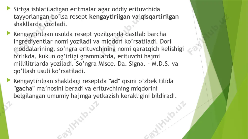 litik gidrogenizasiyalash yo'li bilan olinadigan yarimsintetik mahsulotlardir. bunda to'yinmagan gliseridlar to’yingan holatga o’tadi. suyuq yog'lar, gidrogenisiyalash darajasiga qarab, suyuq holatdan yumshoq va qattiq holatga o’tadi. gidrogenizasiyalangan yog'lar, boshqa yog'lardan farqli o'laroq, saqlash vaqtida yanada barqaror birikmalardir. mumlar - yog' kislotalari va yuqori bir atomli spirtlarning murakkab efirlaridir. surtma asosi sifatida asalari mumi va spermaset ishlatiladi. asalari mumi kimyoviy inert bo’lib, yog’lar va uglevodorodlar bilan yaxshi aralashadi, 63-65 °c haroratda eriydi, asosan surtma asosini qattiq holatga keltirish uchun qo’shmcha sifatida foydalaniladi. spermaset (spermacetum) – kitsimon dengiz hayvoni – kashalotlarning ichki yog’idan ajratib olinadi. hidsiz, suvda erimaydi, 45–54°c da eriydi. surtma asosi sifatida mustaqil qo’llanilmaydi. boshqa asoslarga ularning gigroskoplik, zichlilik va elastiklik xossalarini oshirish uchun qo’shiladi. lanolin (lanolinum) – qo’ylarning junini yuvish orqali ajratib olinadi. suvda erimaydi, saqlanganda buzilmaydi, organik erituvchilarda yaxshi eriydi. lanolin 26–42°c da eriydi, teridan yaxshi so’riladi, shu sababli undan tayyorlangan surtmalar rezorbtiv ta’sirga ega. lanolin 2 xil: suvli …