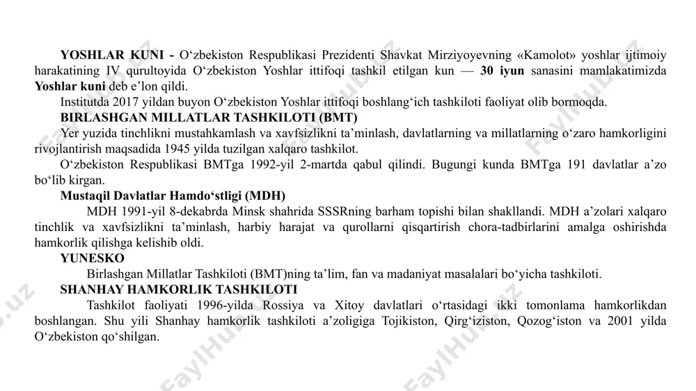 ha “arafa” – “bilmoq”) – ta’lim – tarbiya, iqtisodiy, siyosiy, falsafiy, diniy g‘oyalar majmui asosida kishilarning ong-bilimini, madaniyatini o‘stirishga qaratilgan faoliyat. madaniyat - (arabcha – madina shahrida tarbiya ko‘rishlik; shaharlik) so‘zi musulmonlarning muqaddas joyi – madina shahri nomidan kelib chiqqan. madaniyat moddiy va ma’naviy ishlab chiqarish, ijtimoiy va o‘zaro munosabatlar, siyosat, oila, axloq, xulq, huquq, ta’lim, tarbiya, ijod, ilm-fan, xizmat ko‘rsatish, turmush tarzi kabilar bilan bog‘liq keng qamrovli voqeadir. milliy g‘urur - millatning o‘z–o‘zini anglashi natijasida sodir bo‘ladigan doimiy ichki ruhiy ko‘tarinkilik. u o‘z ona zamini, avlod-ajdodlari tomonidan qoldirilgan moddiy, ma’naviy merosdan, o‘z millatining jahon sivilizatsiyasiga qo‘shgan ulushlaridan, o‘zga millatlar oldidagi qadr-qimmati, obro‘-e’tiboridan faxrlanish hissiyotidan iborat. milliy g‘oya – inson tafakkuri mahsuli, milliy g‘oya esa millat tafakkurining mahsulidir. mafkura - jamiyatdagi muayyan siyosiy, huquqiy, axloqiy, diniy, badiiy, falsafiy, ilmiy qarashlar, fikrlar va g‘oyalar majmui. “bilimdonlar uyi” yoki “donishmandlar uyi” sharqning fanlar akademiyasi hisoblangan “bayt-ul-xikma”- “bilimdonlar uyi” yoki “donishmandlar uyi” deb …
