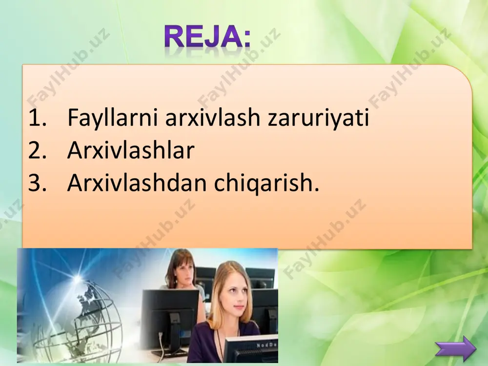 adida, ular internetga arxiv shaklida joylashtiriladi. ko’p hollarda bular dasturlar fayllari, hamda word matn muxarriri va ms excel elektron jadval redaktori formatidagi xujjat faylidir. amalda juda ko’p turli tipdagi arxivlar va undan ortiqroq ular bilan ishlaydigan arxivator-dasturlar mavjud. ko’p hollarda .zip, .arj formatodagi arxivlar, oxirgi paytlarda esa .rar formatidagi arxivlardan foydalanilmoqda. arxivator-dasturlardan esa windows operatsion tizimida ko’proq winzip va winrar dasturlari qo’llanilmoqda. winzip arxivatori xarakteristikasi. winzip windows muhitida ishlatiladigan ommabop arxivatorlardan biri. winzip dasturi .zip, tipidagi arxivlar bilan ishlash uchun mo’ljallangan. bundan tashqari ushbu arxivatorni boshqa arxivatorlar yordamida arxivlangan fayllar bilan ishlashga ham moslashtirish mumkin. winzip dasturini ishga tushirish: vazifalar panelidan «пуск» tugmasi bosiladi va windows bosh menyusi ochiladi; “программы” bandidan winzip tanlanadi; ekranda winzip oynasi ochiladi. win zip oynasi quyidagilardan iborat: oyna nomi va menyu. menyu oyna nomi ostida joylashgan satrida winzip dasturi buyruqlari joylashgan. menyu ostida uskunalar paneli joylashgan. bu panelda tez-tez bajariladigan buyruqlarni ifodalaydigan 8 ta yirik …