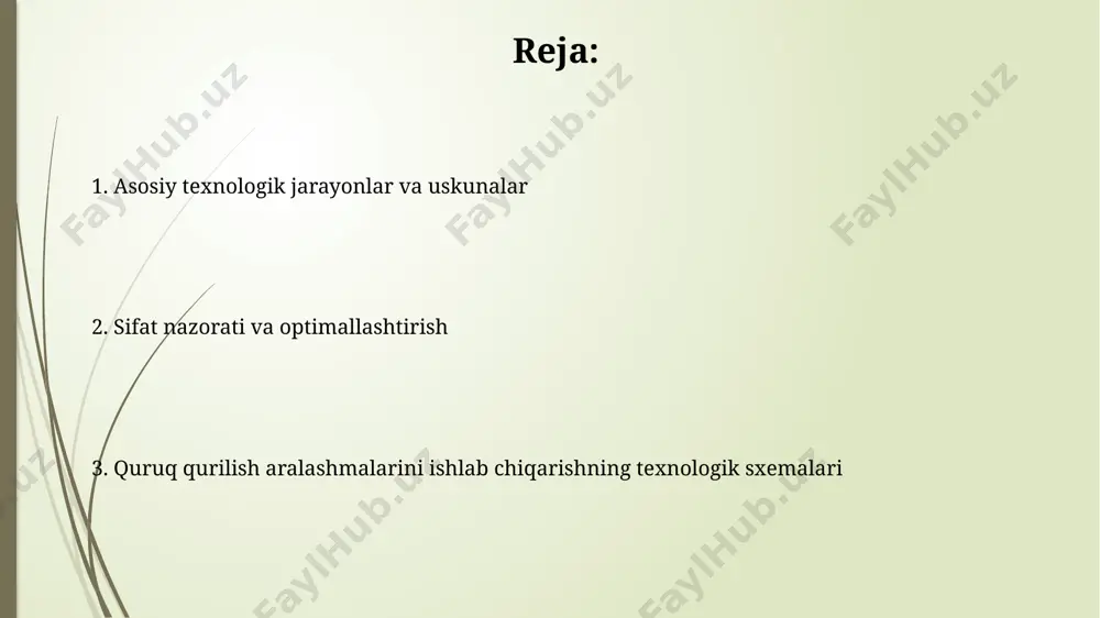 ak. aralashtirish usullari orasida pichoqli aralashtirgichlar keng tarqalgan bo'lib, ular 0.5 dan 5 daqiqagacha aralashtirish vaqtida yuqori unumdorlikni ta'minlaydi. ular 2-3 tonnagacha materialni qayta ishlashga qodir. quritish texnologiyalari o'zbekistonda quruq qurilish aralashmalari ishlab chiqarishda qo'llaniladigan asosiy texnologik sxemalar orasida modifikatsiyalangan kraxmallar va 0,5-1,2% polimer qo'shimchalari bilan sement asosli kompozitsiyalarni aralashtirish ustuvor ahamiyatga ega. ma'lumot fraksiyalash va saralash fraksiyalash va saralash bo'yicha ma'lumot optik saralash usuli sekundiga 200 tagacha zarralarni analiz qila oladi. fraksiyalashda, ko'p qatlamli elaklardan foydalanish 85% gacha fraksiyalash samaradorligini ta'minlaydi. e'tiboringiz uchun rahmat @taqdimot_robot image1.jpg image2.jpg image3.jpg image4.jpg image5.jpg image6.jpg image7.jpg