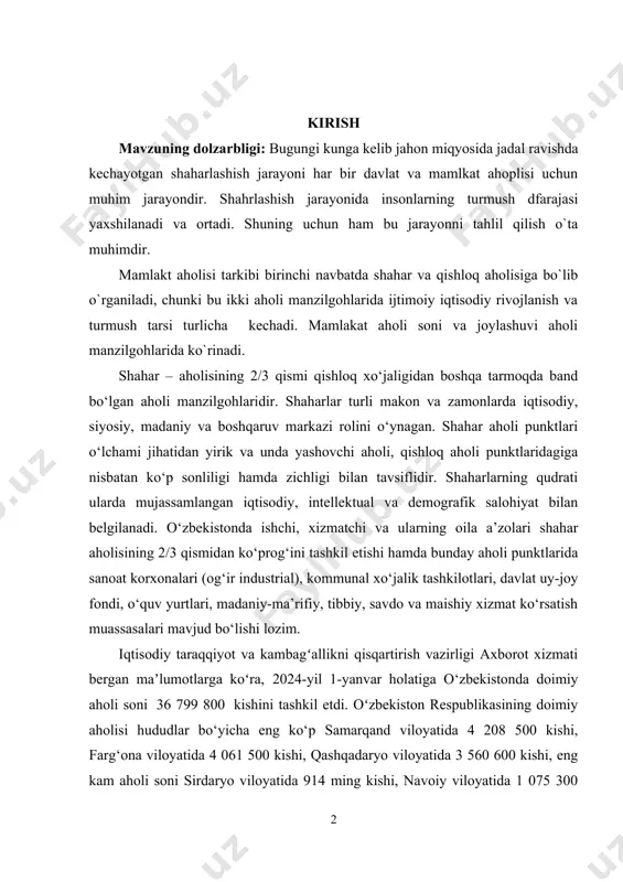o‘prog‘ini tashkil etishi hamda bunday aholi punktlarida sanoat korxonalari (og‘ir industrial), kommunal xo‘jalik tashkilotlari, davlat uy-joy fondi, o‘quv yurtlari, madaniy-ma’rifiy, tibbiy, savdo va maishiy xizmat ko‘rsatish muassasalari mavjud bo‘lishi lozim. iqtisodiy taraqqiyot va kambagʻallikni qisqartirish vazirligi axborot xizmati bergan maʼlumotlarga koʻra, 2024-yil 1-yanvar holatiga o‘zbekistonda doimiy aholi soni 36 799 800 kishini tashkil etdi. oʻzbekiston respublikasining doimiy aholisi hududlar bo‘yicha eng ko‘p samarqand viloyatida 4 208 500 kishi, farg‘ona viloyatida 4 061 500 kishi, qashqadaryo viloyatida 3 560 600 kishi, eng kam aholi soni sirdaryo viloyatida 914 ming kishi, navoiy viloyatida 1 075 300 kishi va jizzax viloyatida 1 507 400 kishini tashkil etgan. shunday qilib o‘zbekistonda aholi soni 4 milliondan oshgan viloyatlar soni ikkitaga yetgan.o‘zbekistonda 2024-yil 1-yanvar holatiga 1 kvadrat kilometrga o‘rtacha 82 kishi to‘g‘ri kelgan. bu esa o‘tgan yilning mos davriga nisbatan solishtirilganda 1,8 kishiga ortgan (2023-yil 1-yanvar holatiga 1 kvadrat kilometrga 80,2 kishi). hududlar bo‘yicha qaraydigan bo‘lsak, …
