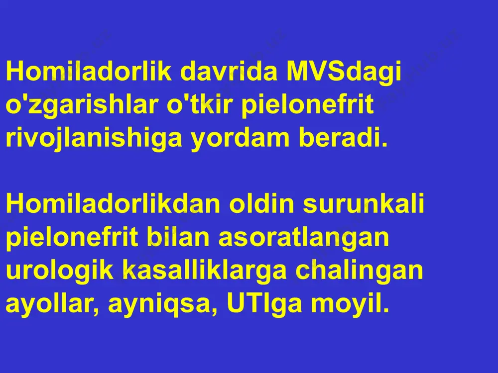 o'ralgan, qattiq, kateter bilan bog'liq infektsiyani qo'llab-quvvatlaydi, shuning uchun qat'iy ko'rsatmalar ostida joylashtiriladi! o'ng buyrak ureter ichki kateter - stent ureteral kateter chap buyrak 3. perkutan ponksiyonli nefrostomiya teshilish ignasi ultratovush sensori bud nefrostoma ureter pcs buyrak korteksi o'tkir pielonefritni davolash taktikasi kasallikning davomiyligiga (febril davrning davomiyligi) va destruktsiyaning mavjudligiga bog'liq. konservativ davo - o'rtacha va og'ir pielonefrit bilan va haroratning davomiyligi 3 kundan. va ultratovushda buyrakning yiringli shikastlanishining barcha belgilari: ↑ buyrak kattaligi, chls kengayishi, ↑ parenximaning qalinligi > 20 mm., uning akustik zichligi heterojenligi ) shoshilinch operatsiya talab qilinishi mumkin! oldini olish o'tkir pielonefrit homiladorlik surunkali pielonefritni kuchaytirishi yoki asemptomatik bakteriuriya tufayli o'tkir pielonefritning rivojlanishiga hissa qo'shishi mumkin. (1). ayollarda urologik kasalliklarni erta aniqlash va davolash (2). asemptomatik bakteriuriyani davolash homiladorlikda pyelonefritning oldini olishning eng yaxshi usuli hisoblanadi. image1.jpeg image2.jpeg image3.jpeg image4.jpeg image5.jpeg image6.jpeg image7.jpeg image8.jpeg image9.jpeg /docprops/thumbnail.jpeg