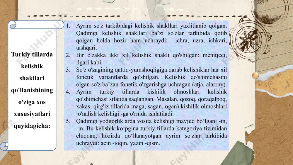klida qo'shiladi: unga ... t.me/slaydai_bot turkiy tillar taraqqiyotining dastlabki davrlarida jo'nalish kelishigining -qaru-kciru//- qari/-kari// -ra /-ru shakllari ham iste’molda b o'lgan. bu affikslar keyinchalik grammatik ma’nosini yo'qotib, so'zning ajralmas qismiga aylangan va bunday so'zlar ravish yoki yordamchi so'zlar turkumiga o'tgan. qadimgi turkiy yodgorliklar tilida ham bu shakllarning ma’nosi chegaralangan bo'lib, asosan, bir narsa-predmetning boshqa narsa-predmet (obyekt) tomonga yo'nalishini ifodalagan. keyingi davrlarda -gciru//-gari, -qaru//-kari affiksi tashqari, ichkari kabi so'zlar tarkibida saqlangan bo'lib, bu so'zlar hozirda ravish turkumiga o'tgan. bu jarayon ancha qadimdan boshlangan. masalan, o'rxun-enasoy bitiklarida kungaru (orqaga-g'arbga), ilgari (oldinga - sharqqa) kabi so'zlar ravish ma’nosida qo'llangan. ... t.me/slaydai_bot o‘rin-paytkelishigi -da/z-da/z-ds//-do; -та//- tszz ta/z-to, //-la//-lo//-za//-zo//-sa//-so//-na//-no affiksi bilan ifodalanadi: olt. tuda “tog‘da”, emde ‘“dorida”, tosto “toshda”, qaasta “qog'ozda”, biste ' “bizda”; boshqird. qazza ’‘g'ozda”, dalala “dalada”, qalala “shaharda”, bizza “bizda”; chuv. lajara ’’otda”, xidara “shaharda”, vermanda f “o‘rmonda”, surda “botqoqda”, ulaxra “to'qayda”, pirda “bizda”, unra “unda”; yoq. manna “shu yerda”, sumarma “mana …