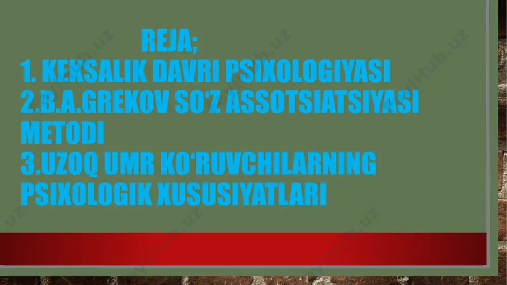 a kuchsizlanadi; 90 yoshda nutqning ichki bog‘lanishi buziladi; xotiraning obrazli, hissiy turlari nutqning tuzilishiga bo‘ysunmay qoladi. psixologiyada qariyalarda aqdiy faollikni o‘rganishda korrek- sion sinov va krepylin sinovidan foydalaniladi. kamolotning umumiy modeli u.shayening uch omilli variantlari yordamida yaratiladi. hozirgi zamon psixologiya fanida keksalikni uchta tomondan: ontogenez psixologiyasi, psixogerontoloshya va tibbiyot psixoloshyasi yo‘nalishlarida o‘rganish zarur ma’lumotlar to‘plash imkoniyatini bermoqda. soglom qariyalarda donishmandlyk umrning oxirgi nafasiga qadar saqdanishi tajribalarda qayd qilindi. psixopatologik qolatlar barcha qariyalar uchun majburiy bosqich emasligi ham tasdiqdangan. keksalik davrida, umuman aellar bilan erkaklar o‘rgasidagi donishmandliqda farq mavjud bo‘lsa ham, lekin qariyalar orasidash donishmandlik, donolik xislatlari ham ikkala jinsga xosdir. shuning uchun ikkala jins o‘rtasida biologik qarishda tafovut mavjud bo‘lsa-da, lekin ruhiy jihatdan zaiflashuv jarayonida o‘zaro yaqinlik hukm suradi. g.leman o‘z tadqiqotlarida ijodiy faollikning o‘ziga xos ko‘rinishlarini yozuvchi misolida o‘rgangan. muallif hind yozuvchisi r.tagorning ijodiyotini tahlil qylib, uning ijod cho‘qqisi 69 yoshda bo‘lganini aniqdagan (yozuvchilar ijodiyot cho‘qqisi 34 yoshda, 43 …