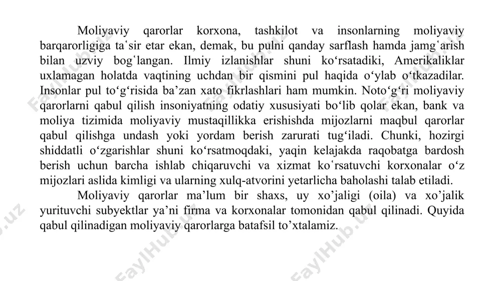 ‘ullanadi. masalan, kompyuter ishlab chiqaradigan firma o‘z faoliyatining ma’lum bosqichida kompyuterlarga xizmat ko‘rsatish faoliyati bilan ham shug‘ullanishga ahd qilishi mumkin. vaqt o‘tishi bilan kompaniyaning strategik maqsadlari o‘zgarishi, o‘zgarganda ham keskin o‘zgarishi mumkin. ba’zi korporatsiyalar bir vaqtning o‘zida biznesning bir-biri bilan mutlaqo bog‘liq bo‘lmagan sohalarida ishlashi uchrab turadigan hol. bundan tashqari, shunaqasi ham bo‘ladiki, firma o‘zining dastlabki faoliyati bilan umuman shug‘ullanmay qo‘yadi, natijada firmaning nomi uning bugungi vazifalari va maqsadlariga mutlaqo mos kelmay qoladi. masalan, itt corporation (international telephone and telegraph) korporatsiyasini eslaylik. korporatsiya 1920 yilda telefon va telegraf xizmatlarini va tegishli asbob-uskunalarni taklif etuvchi kompaniya sifatida tashkil etilgan. xx asrning 70-yillarida itt ulkan ko‘p millatli konglomeratga aylandi. asosiy faoliyatidan tashqari firmaning faoliyat doirasiga sug‘urta, harbiy kiyim-bosh tikish, non mahsulotlari, yog‘och-taxta, bog‘dorchilik mahsulotlari ishlab chiqarish, shuningdek tog‘-kon ishi va avtomobillarni ijaraga berish kirar edi. o‘tgan asrning 80-yillari davomida kompaniya shu faoliyat turlarining ko‘pchiligi bilan shug‘ullanmay qo‘ydi va butun diqqat-e’tiborini mehmonxona va …