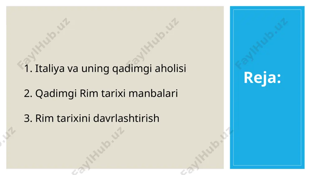 ning bu qismi juda hosildor bo'lib keyinchalik italiya deb atala boshlandi. dastlab bu nom yunonlar italiya deb atagan aholi yashagan kalabriyaning janubiy tumanlariga nisbatan aytilgan. er. avv. v asrda po vodiysiga gallar ko'chib kelib, u yerdan etrusklarni siqib chiqardilar. shu sababli bu o'lka rimda «tsizlal'p galliyasi» deb nom oldi. u sispadan galliyasi poning o'ng qirg'og'i va tarnspadan galliyasi (daryodan shimol tomondagi viloyat) ni o'z ichiga oladi. italiyani o'zi apennin janubidan boshlanadi. markaziy italiyani g'arbiy qismi madaniyat tarixida o'z yer tuzilishiga koʻra muhim rol o'ynadi. bu yerda etrusk (hozirgi florensiya), latin markazi rim, kampaniya (kapuya va neapol bilan) kabi uch tekislik tashkil etadi. bu yerdan kemachilik uchun qirg'oqlari qulay tabiiy portlari bo'lgan tibr daryosi oqib oʻtadi latin tekisligining markazida tibr daryosi va shimoliy sharqdan sabin, sharqdan alban, janubdan vol'sk tog'lari bilan o'rab turishi yarim orol tarixida latin xalqlarini yuksalishiga sabab boʻladi. italiyani sharqiy qismi tog'lik bo'lib, janubga tomon mars, piligin, marrusen, …