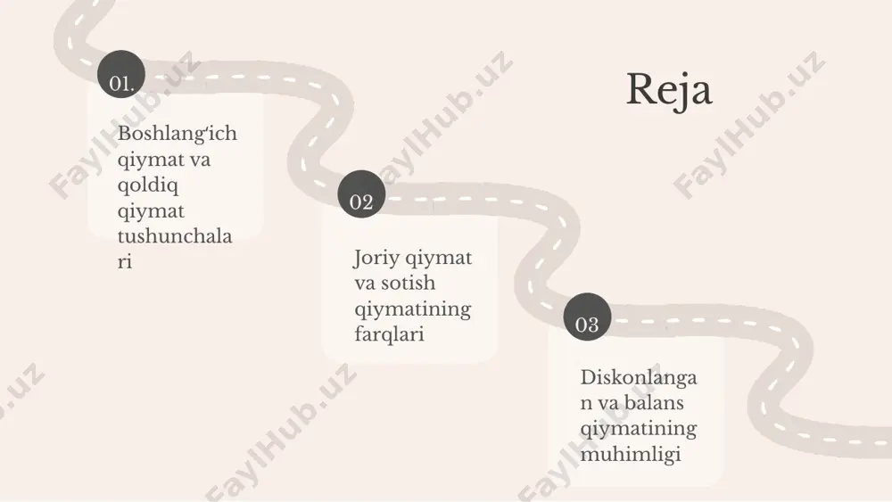 ta'siri moliyaviy natijaga sezilarli darajada ta'sir qiladi. 01. 02. 03. boshlangʻich qiymatni hisoblash usullari boshlangʻich qiymatni hisoblashda uchta asosiy usul mavjud: 1. **toʻgʻridan-toʻgʻri usul**: - afzalliklari: oson va tez hisoblash. - kamchiliklari: boshqa faktorlarni hisobga olmaydi. - amaliy misol: mahsulot xarid qilish narxi. 2. **oʻrtacha usul**: - afzalliklari: har xil qiymatlarni hisobga oladi. - kamchiliklari: noaniq natijalar. - amaliy misol: turli mahsulotlarni narxini hisoblash. 3. **diskontlangan naqd pul oqimi usuli**: - afzalliklari: kelajakdagi daromadlarni hisobga oladi. - kamchiliklari: murakkab hisob-kitoblar talab etadi. - amaliy misol: investitsiya uchun qilingan hisob-kitoblar. ushbu usullarni o‘rganish orqali talabalar boshlang‘ich qiymatni aniq hisoblashni o‘rganadilar. qoldiq qiymatni hisoblash usullari qoldiq qiymatni hisoblashda bir nechta usullar mavjud: 1. to'g'ridan-to'g'ri usul - bu usulda qoldiq qiymat to'g'ridan-to'g'ri hisoblanadi. 2. amortizatsiya usuli - bu usulda aktivning qoldiq qiymati vaqt o‘tishi bilan kamayadi. 3. bozor qiymati - bozor sharoitlarida aktivning qiymati qoldiq qiymat sifatida qabul qilinadi. har bir usulning o'ziga …