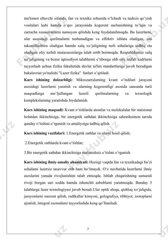 ozirgi vaqtda fan va texnikadagi ba’zi sohalami lazersiz tasavvur etib ham bo‘lmaydi. o‘z navbatida lazerlarni ilmiy asoslarini yanada rivojlanishini talab etmoqda. ishlab chiqarishning samarali rivoji borgan sari sodda hamda ishonchli asboblami yaratmoqda. bunday 3 talablarga lazer texnologiyasi javob beradi.ular optik aloqa, qishloq xo‘jaligida, jarayonlarni nazorat qilish, radikallar kimyosi, golografiya, tibbiyot, izotoplarni ajratish, integral sxemalami tayyorlashda keng qo’llaniladi. 1.energetik sathlar va ularni hosil qilish. atom va molekula statsionar energetik holatlarda bo‘lishi mumkin. bunday holatlarda ular energiyani nurlantirmaydi va yutmaydi. energiyaning eng quyi sathi asosiy sath hisoblanadi, u asosiy holatga mos keladi. kvant o‘tishlarda atomlar va molekulalar bir statsionar holatdan ikkinchisiga, bir energetik sathdan ikkinchisiga sakrashsimon tarzda o'tadilar. atomlar holatining o‘zgarishi elektronlarning energetik o‘tishlari bilan bog’liqdir. molekulalarda energiya elektron o‘tishlar natijasida o‘zgarmay, balki atomlar tebranishlarining o‘zgarishi natijasida va aylanma sathlar orasidagi o‘tishlarda ham o‘zgarishi mumkin. atom yoki molekula yuqoriroq energetik sathlardan pastroqdagi sathlarga o‘tishlarda energiya beradi, teskari o'tishlarda esa energiya yutiladi.[2] asosiy …
