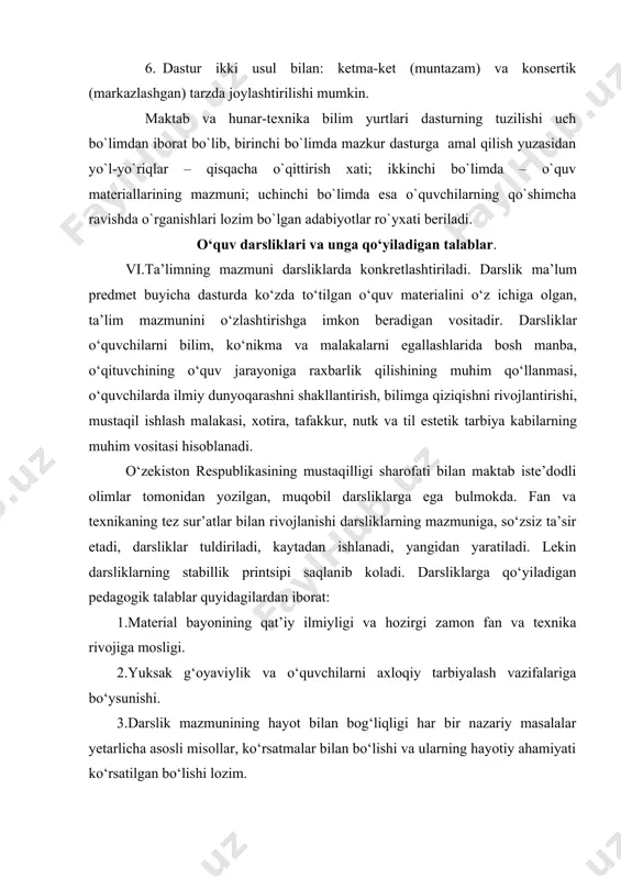 irilishi. 5.o‘quvchilarning mustaqil ishlash malakasiga muvofiq ko‘rsatma va ma’lumotlarning mavjudligi, darslik mazmuniga kuzatish va mashq uchun topshiriqlar, o‘z-o‘zini tekshirish uchun savollar, takrorlash uchun savollar bo‘lishi. 6.materialni o‘zlashtirishni yengillashtirish uchun bayonning oddiy, badiiy va obrazli bulishi. 7.materialni o‘zlashtirishni yengillashtirish uchun chizma, diagramma, rasm va illustratsiyalarning mavjudligi. 8.darsning tashkiliy ko‘riniishi yaxshi bo‘lishi. boshlang‘ich ta’lim sharoitida darsliklar tuzishda o‘ziga xosliklar va qiyinchiliklar bo‘ladi. kichik yoshdagi o‘quvchilarning, ayniqsa 1-sinf o‘quvchilarining darsliklarida boshlang‘ich ilmiy bilimlar beriladi, ular bolaning hayotiy tajribasi bilan, unga odat bo‘lib qolgan fikr yuritish mantiqi bilan uzviy bog‘langan bo‘lishi kerak. shuning uchun darslikda tushuntirishlar, misollar, topshiriqlar, mashqlar, rasm va suratlar ko‘p bo‘ladi, unga mumkin bo‘lgan o‘yin vaziyatlari, topshiriqlar kiritiladi. o‘quvchining nazariy bog‘liqliklarni topishi va o‘zlashtirishi mashqlarning harakteri va sismavzusiga bog‘liqdir. bir fanning o‘zi turli sismavzuda muxokama, dalil, isbot va mashqlar yordamida bayon qilinishi mumkin. hozirgi maktablarda yangi pedagogik texnologiya asosida yaratilgan darsliklardan ham keng foydalanilmokda. bu darsliklarning asosiy xususiyati shundaki, har bir …