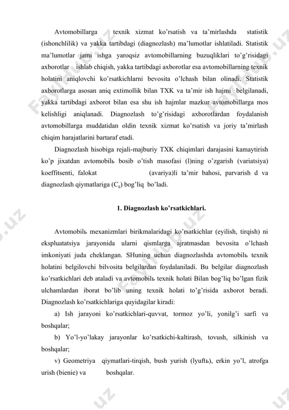 ofga urish (bienie) va boshqalar. 2 diagnozlash me’yorlari. diagnozlash me’yorlari avtomobilь texnik holatiga sonli baho berish uchun xizmat qiladi. ular davlat standart iva rahbarlik kiluvchi texnik xujjatlar bilan belgilanadi. diagnozlash me’yorlariga · boshlangich pn, · chegaradagi pp · yo’l qo’yilgan pd me’yor ko’rsatkichlari kiradi. boshlangich me’yor pn yangi, texnik soz manbaaning diagnozlash ko’rsatkichi qiymatiga to’g’ri keladi. ekspluatatsiyada boshlpngich me’yor pn dan ulchab olingan ifodani sozlash va tiklash uchun zarur bo’lgan qiymat sifatida foydalaniladi. boshlangich hisoblash me’yori texnik xujjatlarda beriladi. avtomobilni yondirish va ta’mirlash tizimlari va boshqa ayrim mexanizmlari uchun diagnozlash jarayonida pn eng ko’p iqtisodchanligi bo’yicha yakka tartibda olinadi. bu esa ishlab chiqarish har xil bo’lgan sharoitda avtomobilning yakka tartibdagi imkoniyatidan ko’prok foydalanishga imkon beradi. masalan, bir xil turdagi avtomobillarda yondirish burchagining dastlabki o’rnatish urni uning urtacha miqdoridan 3-80 ga fark qiladi. demak, pn ning yakka tartibdagi qiymatidan me’yoriy ko’rsatkich sifatida foydalanish avtomobilь quvvati va yonilg’i iqtisodini ortiradi. me’yor chegarasi …