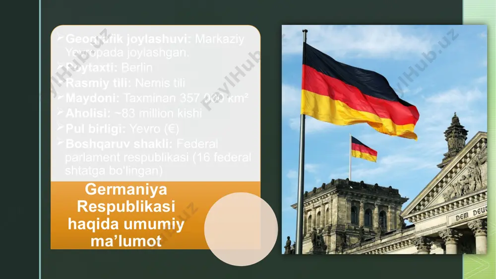 anishini ta’minlaydi. quyidagi jihatlar ta’kidlanadi: federal tuzilma: germaniya federal parlament respublikasi bo‘lib, markaziy hukumat va 16 federal shtatdan tashkil topgan. har bir shtat o‘zining qonunchilik va ijro hokimiyatiga ega bo‘lib, ta’lim, sog‘liqni saqlash, madaniyat va politsiya kabi sohalarda mustaqil qarorlar qabul qiladi. asosiy qonun va vakolatlar taqsimoti: "grundgesetz" (asosiy qonun) germaniyaning siyosiy va huquqiy tizimini belgilab beradi, shu orqali federal va shtat darajalari o‘rtasidagi vakolatlar aniq ajratilgan. federal hukumat tashqi siyosat, xavfsizlik va iqtisodiy siyosat kabi milliy ahamiyatga ega sohalarga e’tibor qaratadi, shtatlar esa o‘z hududlaridagi ijtimoiy va madaniy masalalarni boshqaradi. mahalliy boshqaruv: shtatlar ichida shaharlar va qishloqlar darajasida mahalliy hokimiyat organlari faoliyat yuritadi, bu esa hududiy ehtiyojlarga tezkor javob berish imkoniyatini yaratadi. mahalliy boshqaruv, resurslarni samarali taqsimlash va aholi farovonligini oshirishda muhim rol o‘ynaydi. demokratik qarorlar qabul qilish: ushbu boshqaruv modeli shaffof va demokratik jarayonlarga asoslangan bo‘lib, fuqarolar ishtirokini rag‘batlantiradi. federal va mahalliy darajadagi hamkorlik innovatsion tashabbuslarni qo‘llab-quvvatlaydi va …
