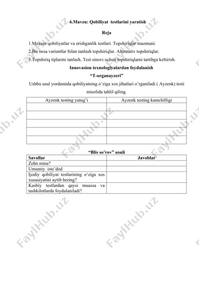 qobiliyat testlarini yaratish — DOCX