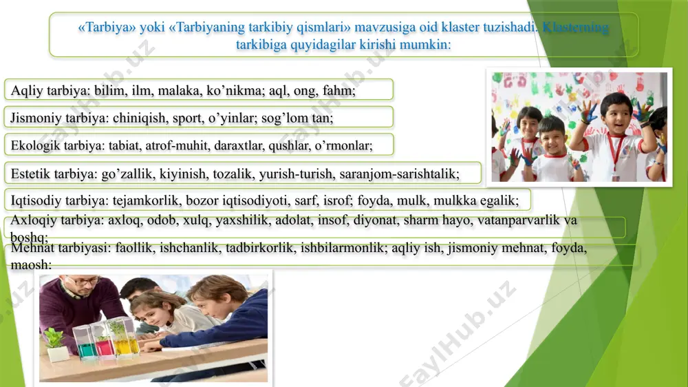 asosi bo`lib xizmat qiladi. ekologik ta`lim – kishini hayot va mehnat faoliyatiga tayyorlash uchun unga tegishli, tizimlashgan, muddatli ekologik bilim, ko`nikma, malaka va kompetensiya berish vositasi. uning maqsadi–kishilarni, jumladan, o`zbekiston fuqarolarining hayotiy faoliyat xavfsizliginita`minlash uchun ularga ekologik bilimlarni berish, ularni tegishli ko`nikmalarga ega va malakalarni hosil qilish, har bir shaxsning turli darajadagi ekologik kompetentligini shakllantirish. xulosa bugungi kunda maktabgacha ta’lim tashkilotlarida amalga oshiriladigan barcha metodik va ta’lim-tarbiya berish ishining mazmuni, ularni tashkil etish, shakl va metodlarini tanlash qonuniyatlarini belgilash muhim hisoblanadi. bunda maktabgacha ta’lim tashkiloti turli yosh guruhlarida tabiat bilan tanishtirish xilmaxil shakllarda: mashg'ulotlarda, ekskursiyalarda, kundalik hayotda, kuzatishlarda,suhbatlarda, hamda mehnatda ekologik tarbiyani amalga oshirish zarurdir bolalarni tabiat bilan tanishtirish mashg'ulotlarida ekologik tarbiyaga oid bilimlarni bolalarning imkoniyati hamda tabiatning xususiyatlarini nazarda tutgan holda shakllantirish imkonini beradi. tarbiyachi rahbarligida o‘tadigan mashg'ulotlarda bolalarda ilk qadam dasturi talablariga muvofiq elementar bilimlar shakllanadi, asosiy bilish jarayonlari va bolalarning qobiliyatlari ma'lum bir tartibda rivojlantiriladi. kundalik hayotda …