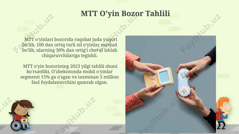 t o'yin dasturlashda 20 dan ortiq turli algoritmlar, jumladan, monte-karlo simulyatsiyasi va neyron tarmoqlaridan foydalanish toshkentdagi dasturchilar tomonidan keng qo'llaniladi. o'zbekistondagi 5 ta yirik universitetda mtt o'yinlarini dasturlash bo'yicha ixtisoslashgan kurslar mavjud bo'lib, ular talabalarga 1000 soatdan ortiq amaliy mashg'ulotlarni taqdim etadi. e'tiboringiz uchun rahmat @taqdimot_robot image6.jpg image7.jpg image8.jpg image9.jpg image10.jpg image11.jpg image12.jpg image13.jpg image14.jpg image15.jpg image1.png