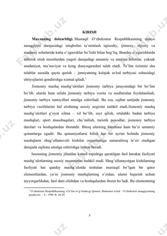 aol harakat faoliyati mashg’ulotlarning asosiy mazmunini tashkil etadi. shug’ullanayotgan kishilarning faoliyati har qanday mashg’ulotda nisbatan mustaqil bo’lgan bir qator elementlardan, ya’ni jismoniy mashqlarning o’zidan, ularni bajarish uchun tayyorgarlikdan, faol dam olishdan va boshqalardan iborat bo’ladi. bu elementning o’zaro qanday aloqadorligi, ya’ni mashg’ulot mazmuni elementlarning tuzilmasi jismoniy mashq mashg’ulotlari shaklsini tashkil etadi. bunga mashqlarni bajarish tartibi, shug’ullanuvchi kishilarning o’zaro munosabatlari, tavsifi, ularni uyushtirish va boshqalar kiradi. har bir ayrim holatda shakl mashg’ulot mazmuniga mos kelishi kerak. bu esa mashg’ulotning yaxshi o’tishi uchun zarur asosiy pedagogik qoidalaridan biridir. masalan, mashg’ulotning mazmuni jismoniy sifatlarni rivojlantirishga qaratilgan bo’lsa, u holda mashqlar ish bilan dam olish qat’iy bir izchillik bilan almashib turadigan muayyan tartibda bajarilishi kerak. xuddi shuningdek, mashg’ulotning qanday natija berishi o’quvchilarni uyushtirish, mashg’ulot qay paytda o’tkazilishi, mashq o’tkaziladigan joydan to’g’ri foydalanish kabi holatlarga ham bog’liq. binobarin, mashg’ulotlarning shakli ularning mazmuniga faol ta’sir etar ekan. shakl bilan mazmun birligigina shug’ullanuvchi kishilar faoliyati zarur darajada …