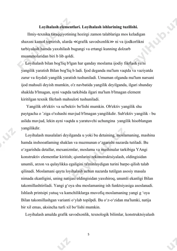 lan xarakterlanadi. detaining fazoviy holatini o ‘zgartirib chizish. detal tarkibidagi kontsruktiv qismlarini surish va burish orqali uzgartirish. detal а, в, с bo'laklardan tashkil topgan bo'lib, uning в bo'lagi asosi a ning o'rtasiga, с bo'laklari в ning ikkala tomoniga tayanch vazifasini o'taydigan vaziyatga fikran surilsin va ko'rinishlari chizilsin (2.10.1-chizma, a). detal asosi a chizib olinadi va uning o'rtasiga в bo'lak chiziladi. keyin с bo'laklari в ning ikkala tomoniga chizib chiqiladi (2.10.1-chizma,6). detal bir butun deb qaraladi va bo'laklari orasidagi chiziqlar o'chirib tashlanadi. detaining в bo'lagini a ga nisbatan ko'ndalang qo'ymasdan 90° burchakka burib joylashtirsa ham bo'ladi. u vaqtda detal 2.10.1-shakl, с dagidek ko'rinishga ega bo'ladi. uyib olish orqali detal xosil qilish. shartga binoan uyish orqali detal xosil qilish. detal shakliga o'zgartirish kiritish deganda, uning undagi bo'rtib turgan qismlarini xuddi o'shanday shakldagi chuqurchaga almashtirish va detal qismlarini ma'lum burchakka burish kabilar tushuniladi. misol. detal xomaki tanasidagi belgilangan chiziqlar bo'yicha ortiqcha qismlari olib …