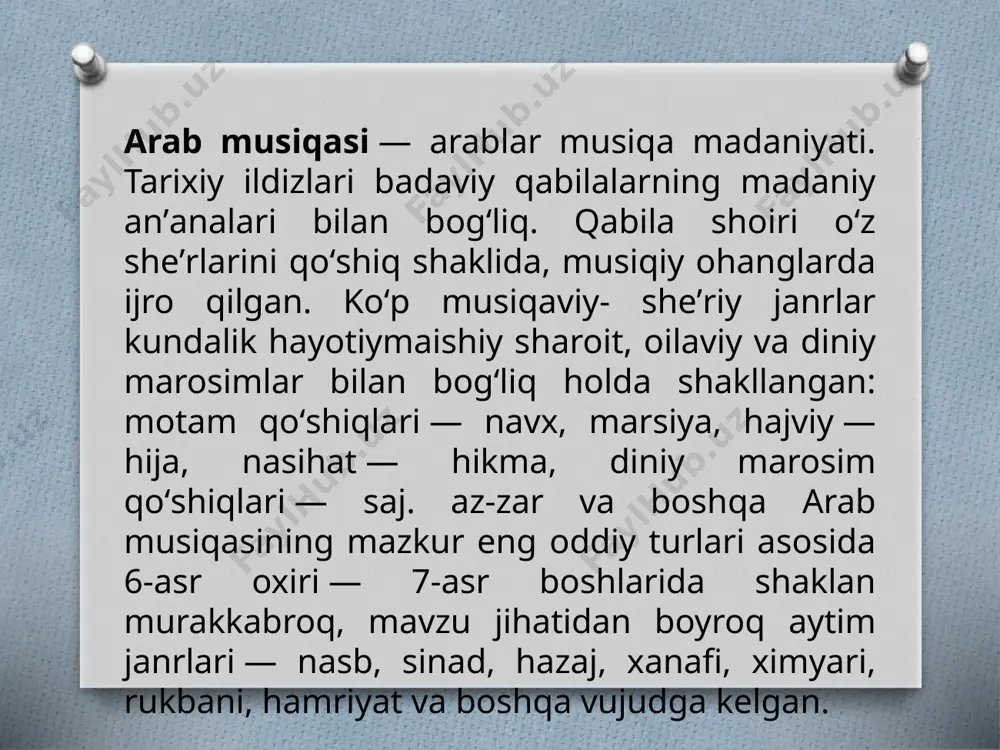 ati unsurlarini olib kirishgan. 9-11-asrlar arab madaniyati, xususan, musiqa yuksak darajaga erishdi. markaziy osiyo va eron xalqlari amaliy musiqani va qadimgi yunon musiqa nazariyasini tanqidiy oʻrganish asosida buyuk mutafakkirlar kindiy, forobiy, ibn sino, ibn zayla, abu abdulloh xorazmiy, „sof birodarlar“ („ixvon ussafo“ olimlar uyushmasi) va boshqa arab tilida musiqa ilmining yuksak namunalarini yara-tishgan. arab musiqasi fani va estetikasining ravnaq topishida 9-asr oʻrtalarida bagʻdodda taʼsis etilgan „bayt ul-hikma“ („hikmat uyi“) olimlarining tarjimonlik faoliyati ham katta rol oʻynadi. xurosonlik buyuk musiqachilar — mansur zalzal (? — 701), ota-bola ibrohim (742-804) va ishoq (767- 850) mavsili, soʻgʻdlik allaveyh (9-asr), ziryob (10-asr) arab musiqasiga muhim hissa qoʻshgan. arab musiqasi yangi sozlar bilan boyigan. samarqandlik xulays bin axvas ixtiro etgan shohrud, muso bin shokir qurgan gidravlik organ (arab. „argan rumiy“), shohin, surnay musiqa amaliyotida keng qoʻlla-nilgan. professional janrlarni ijro etishda va ilmiy tajribalar oʻtkazishda ud asosiy cholgʻu asbob boʻlib xizmat qilgan. 12-asr oxiri — 13-asr …
