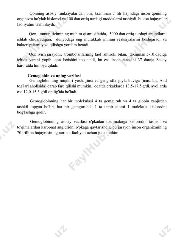 parchalanishi natijasida sodir bo'ladi va bu jarayon sitokinlar va boshqa o'sish omillari tomonidan tartibga solinadi. qonning asosiy funksiyalari qonning asosiy funksiyalaridan biri, taxminan 7 litr hajmdagi inson qonining organizm bo'ylab kislorod va 100 dan ortiq turdagi moddalarni tashiydi, bu esa hujayralar faoliyatini ta'minlaydi. qon, immun tizimining muhim qismi sifatida, 5000 dan ortiq turdagi antitellarni ishlab chiqaradigan, dunyodagi eng murakkab immun reaksiyalarini boshqaradi va bakteriyalarni yo'q qilishga yordam beradi. qon ivish jarayoni, trombotsitlarning faol ishtiroki bilan, taxminan 5-10 daqiqa ichida yarani yopib, qon ketishini to'xtatadi, bu esa inson tanasini 37 daraja selsiy haroratda himoya qiladi. gemoglobin va uning vazifasi gemoglobinning miqdori yosh, jinsi va geografik joylashuviga (masalan, and tog'lari aholisida) qarab farq qilishi mumkin, odatda erkaklarda 13,5-17,5 g/dl, ayollarda esa 12,0-15,5 g/dl oralig'ida bo'ladi. gemoglobinning har bir molekulasi 4 ta gemguruh va 4 ta globin zanjirdan tashkil topgan bo'lib, har bir gemguruhda 1 ta temir atomi 1 molekula kislorodni bog'lashga qodir. …
