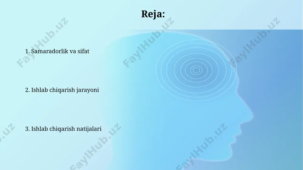 'rsatadi. raqobatbardoshlikni ta'minlash uchun korxona mahsulot sifati va narxini 15% ga oshirish, ishlab chiqarish xarajatlarini esa 10% ga kamaytirish maqsadini qo'yishi kerak. tayyor mahsulot tayyor mahsulotlarning o'rtacha ishlab chiqarish aylanishi 15 kunni tashkil etadi, bu esa logistika va yetkazib berish jarayonlarini optimallashtirish zarurligini ko'rsatadi. bozor talabini qondirish uchun 10000 dona tayyor mahsulot ishlab chiqarildi, ammo 12000 donani ishlab chiqarish rejalashtirilgan edi, bu esa 20% ga kam ishlab chiqarilishini ko'rsatadi. ishlab chiqarish jarayoni bosqichlari loyihalash va rejalashtirish bosqichida (1-bosqich) 10 dan ortiq muhandislar va texnologlar ishtirok etadi, bu esa mahsulotning sifatini va samaradorligini oshirishga yordam beradi. ishlab chiqarish jarayonining 3 bosqichi mavjud: xom ashyoni tayyorlash (1-bosqich), tovar ishlab chiqarish (2-bosqich, o'rtacha 5-7 kun davom etadi) va sifat nazorati (3-bosqich, 2% mahsulot tekshiriladi). mehnat resurslari ишлаб чиқариш жараёнида меҳнат ресурсларининг йиллик чиқими ўртача 20% ни ташкил этиб, бу рақамни камайтириш учун янги мотивация тизими жорий этилмоқда. меҳнат ресурсларининг самарадорлигини ошириш учун 15% …