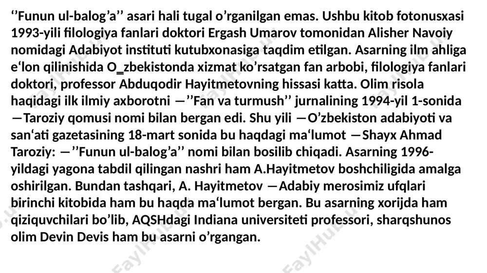 ofiya ilmi va badi’ ilmi) haqida so‘z yuritadi. shamsiddin qays roziyning “al’mo‘jam” asari bu borada “funun ul-balog‘a” bilan bahslasha oladigan asar. ammo ushbu asarlarda “funun ul-balog‘a”dagi kabi she’rlarning janr xususiyatiga tafsil to‘xtalmagan. umar rodiyoniy o‘z asari haqida imom nasr ibn hasan marg‘inoniyning “mahosin ul-kalom” asari ta’sirida yaratilganini ta’kidlab o‘tsa, “al-mo‘jam” esa rashididdin vatvotning “hadoyiq us-sehr”, bahromi saraxsiyning “g‘oyat ul-aruzayn” asarlaridan foydalangan bo‘lsa, “badoye’ us’sanoye’”da esa o‘z nazariy qarashlarini ifoda etishda “al-mo‘jam” va nosiriddin tusiyning “me’yor ul-ash’or” asarlariga qayta-qayta murojaat qilinadi. ammo ushbu asarlarda “funun ul-balog‘a”dagi kabi she’rlarning janr xususiyatiga tafsil to‘xtalmagan. umar rodiyoniy o‘z asari haqida imom nasr ibn hasan marg‘inoniyning “mahosin ul-kalom” asari ta’sirida yaratilganini ta’kidlab o‘tsa, “al-mo‘jam” esa rashididdin vatvotning “hadoyiq us-sehr”, bahromi saraxsiyning “g‘oyat ul-aruzayn” asarlaridan foydalangan bo‘lsa, “badoye’ us’sanoye’”da esa o‘z nazariy qarashlarini ifoda etishda “al-mo‘jam” va nosiriddin tusiyning “me’yor ul-ash’or” asarlariga qayta-qayta murojaat qilinadi. “funun ul-balog‘a”da ahmad taroziy o‘ziga bo‘lgan davrdagi barcha arabiyforsiy manbalardan xabardorligi …