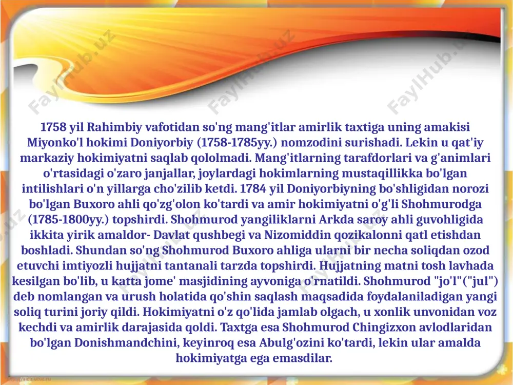zamonaviy texnika bilan jihozlangan yangi korxonalar, xorijiy davlatlar bilan hamkorlikda qo‘shma korxonalar, turar-joylar, madaniy va ma’rifiy binolar, ravon yo‘llar va ko‘priklar qurildi. jahon andozalariga mos, har tomonlama qulay o‘quv texnikasi bilan jihozlangan maktablar, kasb-hunar va oliy o‘quv yurtlari qurilib, ishga tushirildi. shunday qilib, qadimiy jizzax mustaqillik yillarida har tomonlama rivojlangan, gullab-yashnagan viloyatlardan biriga aylandi. bu davrda movarounnahrda hokimiyat uchun uzoq yillik urushlar, ichki nizolar kuchayib ketdi. siyosiy tushkunlik avj oldi, bu. mamlakat iqtisodiga zarar yetkazdi, tashqi olam, o'zga mamlakatlar bilan ham aloqalar susayib ketdi.nihoyat, xvi asrning ikkinchi yarmida movarounnahrda mustaqil davlatlar -buxoro va xiva xonliklari shakllanib, o'zini tiklay boshladi. xviii asrning boshida uzoq urushlardan so'ng mustaqil qo'qon xonligi tashkil topdi. lekin bu davlatlar o'rtasida ta'sir doirasi uchun har doim urush, nizo davom etib turdi. umuman xvi — xix asrning birinchi yarmi siyosiy, iqtisodiy, madaniy hayotda, xalqaro munosabatlarda oldingi yutuqlarni yo'qotish, ko'p sohalarda ortga ketish davri sifatida tarixda ma'lumdir. xvi — …
