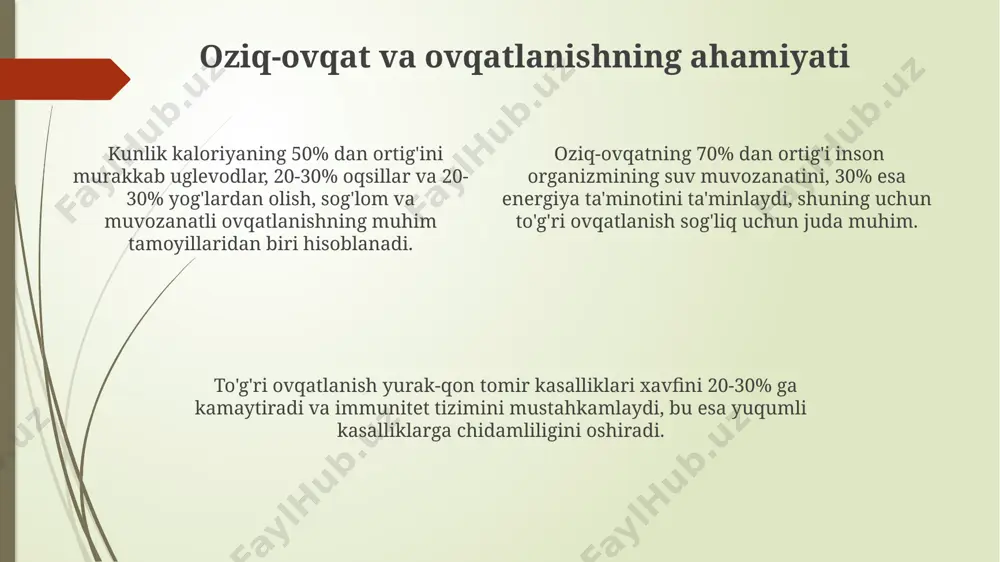 i 20-30% ga kamaytiradi. ortiqcha vazn va semirishning oldini olish sog'lom tana vaznini saqlash uchun tana massasi indeksini (bmi) 18,5 dan 24,9 gacha bo'lgan diapazonda ushlab turish kerak. bu ortiqcha vazn va semirish xavfini sezilarli darajada kamaytiradi. ortiqcha vazndan saqlanish uchun kunlik kaloriyalarni 2000-2500 kkal oralig'ida ushlab turish va kamida 30 daqiqa jismoniy mashqlar bilan shug'ullanish muhimdir. semirishning oldini olishda meva va sabzavotlarning tarkibida mavjud bo'lgan tola moddalar ichak harakatini yaxshilaydi va to'yinganlik hissini kuchaytiradi, bu esa ortiqcha ovqatlanishni kamaytiradi. suvning ahamiyati suvsizlanish organizmning ishlashiga salbiy ta'sir ko'rsatib, charchoq, bosh og'rig'i va hatto buyrak toshining paydo bo'lishiga olib kelishi mumkin – bu esa sog'liq muammolariga olib keladi. suvning 70% gacha inson tanasini tashkil etishini va barcha hujayra, to'qima va organlarning normal ishlashi uchun muhim ekanligini unutmaslik kerak. kun davomida taxminan 2-3 litr suv iste'mol qilish organizmni toksinlardan tozalashga, metabolizmni tezlashtirishga va umumiy sog'liqni yaxshilashga yordam beradi. e'tiboringiz uchun rahmat @taqdimot_robot