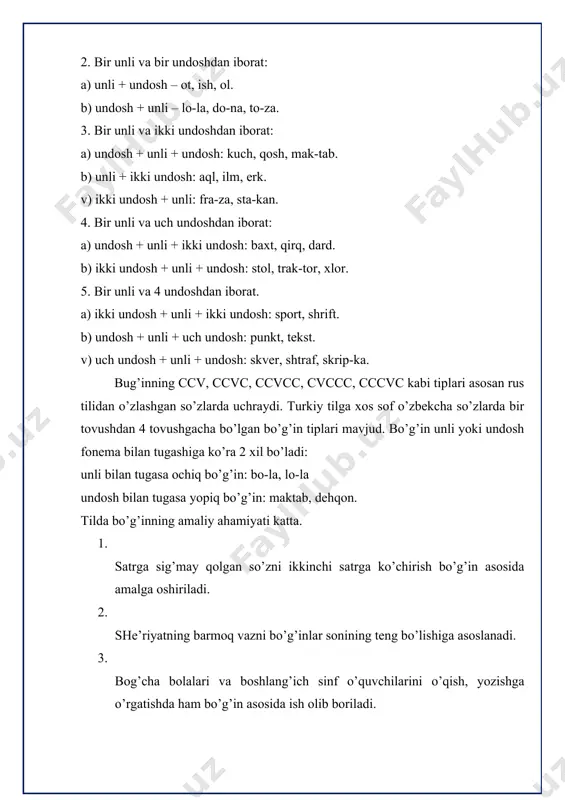 ng biror bo’g’iniga tushadi va uning quyidagi turlari bor: 1) fonetik tabiatiga ko’ra: a) dinamik (zarb) o’rg’u – so’z tarkibidagi bo’g’inlardan birining, ayniqsa, unli tovushning kuchli zarb bilan talaffuz qilishga asoslanadi. o’zbek tili o’rg’usi dinamik o’rg’u hisoblanadi. ya’ni so’z tarkibidagi o’rg’uli bo’g’in zarb bilan aytiladi. b) kvantativ o’rg’u – o’rg’uli bo’g’indagi unlining cho’ziq talaffuz qilinishi bilan xarakterlanadi. v) tonik (musiqiy) o’rg’u. bunday o’rg’u tovush tonining ko’tarilish va tushish ohangiga bog’liq bo’ladi. xitoy, yapon, serb tillarida musiqiy o’rg’u ishlatiladi. 2) tushish o’rniga ko’ra: bog’langan va erkin o’rg’u. bog’langan o’rg’u doim so’zning biror bo’g’iniga tushadi. masalan, turkiy tillarda – oxirgi bo’g’inga, venger va chex tillarida – birinchi bo’g’inga tushadi. erkin o’rg’u – so’zdagi turli bo’g’inlarga tushadi, rus tili o’rg’usi bunga misol bo’ladi. erkin o’rg’uli tillarda o’rg’uning o’rni so’z ma’nolarini farqlash funksiyasini ham bajaradi: zamők (qulf) va zámok (qal’a, saroy). o’zbek tili bog’langan o’rg’uga ega bo’lsada, ba’zan shunday holatlar uchraydi: 1) o’z so’z …
