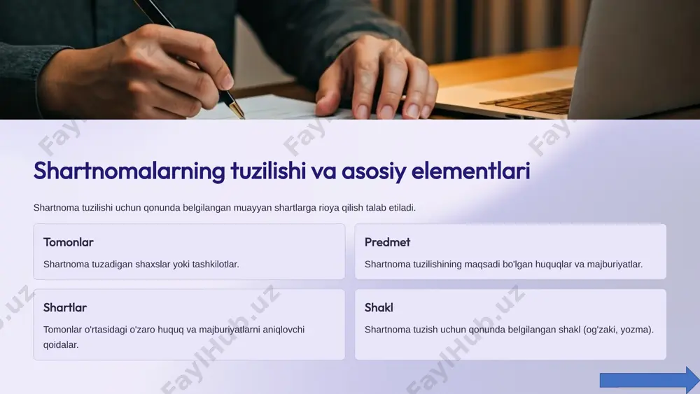 sotish to‘g‘risidagi shartnomaning asosiy jihatlari quyidagilardan iborat: obyekt: sotiladigan mol (masalan, ko'chmas mulk, avtomobil, mahsulot va boshqalar). narx: molning qiymati va to'lov shartlari. o'tkazish shartlari: molning o'tkazish vaqti va usuli. majburiyatlar:sotuvchi va sotib oluvchining majburiyatlari (masalan, molning sifatiga oid kafolatlar). qonuniylik: shartnoma qonuniy kuchga ega bo'lishi uchun barcha zaruriyatlarga e'tibor berish. yollash shartnomasining asosiy jihatlari quyidagilardan iborat: xizmatlar: yollanuvchi tomonidan ko'rsatiladigan xizmatlar (masalan, ishchi kuchi, maslahat xizmatlari va h.k.). to'lov shartlari: xizmatlar uchun to'lanadigan pul miqdori va to'lov usuli. vaqt: shartnoma davomiyligi va xizmat ko'rsatish muddati. majburiyatlar: yollovchi va yollanuvchining majburiyatlari (masalan, malaka va sifatga oid talablar). qonuniylik: yollash shartnomasining qonuniy kuchga ega bo'lishi uchun barcha zaruriy talablar bajarilishi lozim. sotish toʻgʻrisidagi shartnoma va yollash toʻgʻrisidagi shartnoma ikki xil huquqiy bitimdir va har biri o'ziga xos xususiyatlarga ega. ikkala shartnoma ham tomonlar o'rtasida kelishuvni ko'zda tutadi, lekin ular turli maqsadlar va vazifalarni bajarish uchun tuziladi. har bir shartnoma tuzishda loyihalarning …