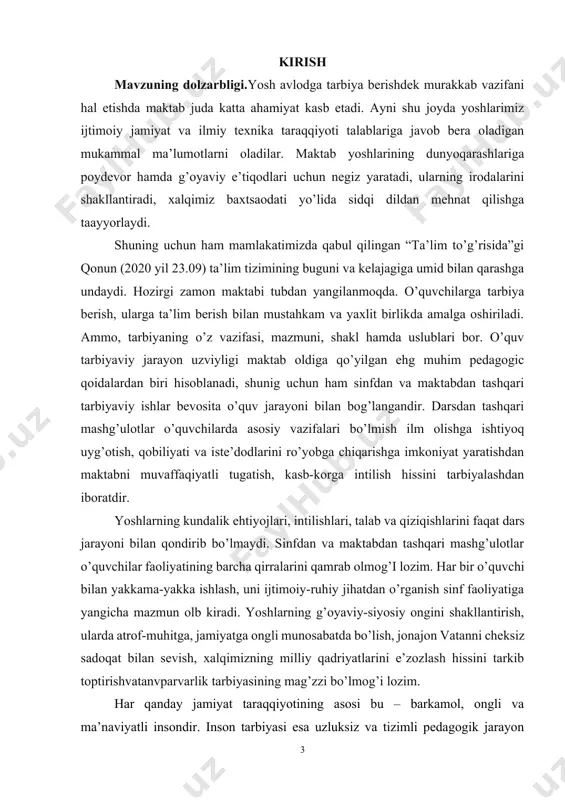 bo‘yicha tizimli bilim berish, tarbiyaviy jarayonda ularning tutgan o‘rni va samaradorligini o‘rganish. kurs ishining o’bekti: tarbiya metodlari haqida tushunchasi, maqsadi va vazifalari tahlili. kurs ishining predmeti: tarbiyaning umumiy metodlari, ularning turlari, mazmuni, qo‘llanilish xususiyatlari va pedagogik imkoniyatlari. kurs ishining vazifalari: · tarbiya metodlari tushunchasini pedagogik nuqtai nazardan yoritish. · tarbiyaning asosiy metodlarini guruhlash va ularning mohiyatini ochib berish. · har bir metodning tarbiyaviy jarayondagi funksiyasi va ahamiyatini aniqlash. · o‘quvchi-yoshlar shaxsini shakllantirishda metodlarning roli va samaradorligini tahlil qilish. · tarbiya metodlarini tanlashda pedagogik yondashuv, yosh xususiyatlari va shaxsiy omillarni inobatga olishning ahamiyatini asoslash. kurs ishining tarkibi: kirish, 2 ta bob, 4 ta bo’lim, xulosa va adabiyotlar ro’xatidan iborat. i.bob.tarbiya jarayoni umumiy metodlarining nazariy asoslari. 1.1.tarbiya metodi tushunchasi. o’zbek xalqi o’zining uzoq tarixi davomida yaratilgan ta’lim-tarbiyaga oid boy merosga ega. bundan tashqari, avlodlarda insonparvarlik, kamtarlik, mehnatsevarlik, do’stlik, iymon-e’tiqod, mehr-oqibat, odoblilik kabi umuminsoniy fazilatlarni shakllantirishning o’ziga xos tajribasini to’plagan. bizga ma’lumki, ma’naviy-axloqiy …