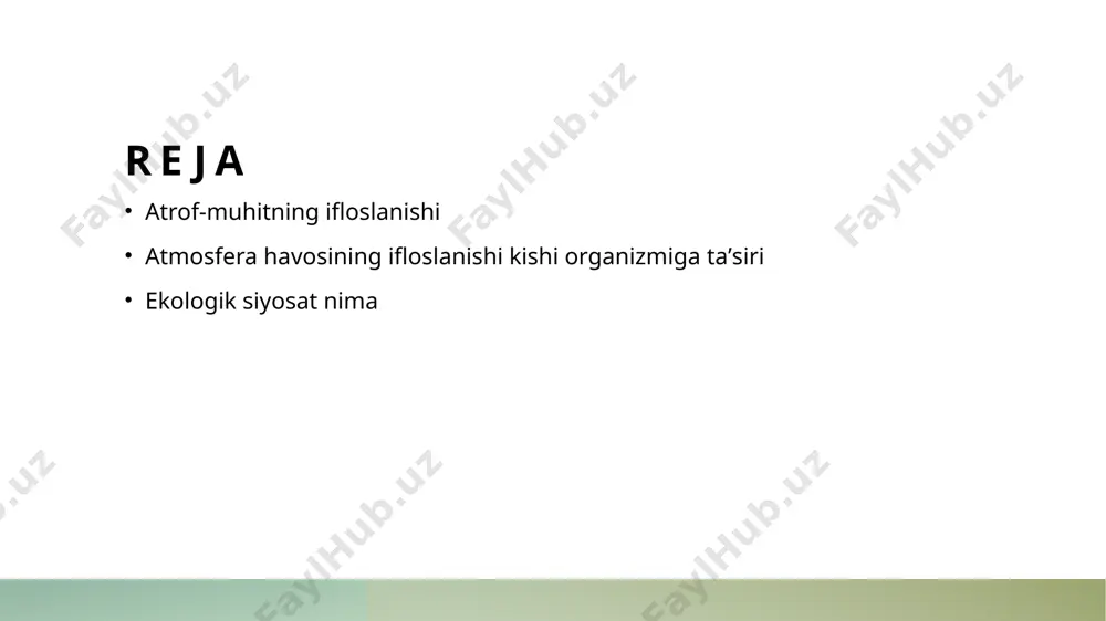 havoni tozalash tizimlari, ifloslanishni kamaytirishda samarali foydalaniladi. bu innovatsiyalar global miqyosda qo'llanilmoqda. 4 mahalliy liderlik - o'zbekiston kabi mamlakatlarda mahalliy boshqaruv organlari, atrof-muhitni muhofaza qilishda xalqaro tajribalarni o'zlashtirish orqali yangi siyosatlar ishlab chiqmoqda. bular samara berishi mumkin. atmosfera havosining ifloslanishi: sabablari va oqibatlari. 1 atmosfera ifloslanishi atmosfera ifloslanishi, asosan, sanoat chiqindilari, transport va qishloq xo'jaligi faoliyatlari natijasida yuzaga keladi, bu esa havo sifatini pasaytiradi. 2 asosiy sabablari asosiy sabablarga sanoat ishlab chiqarish, avtomobillar va boshqa transport vositalarining chiqindilari, shuningdek, yoqilg'i yoqish jarayonlari kiradi. 3 oqibatlari atmosfera havosining ifloslanishi inson salomatligiga salbiy ta'sir ko'rsatadi, nafas olish kasalliklari va allergiyalarga olib keladi, shuningdek, ekologik muammolarni kuchaytiradi. ifloslangan havo va inson salomatligi: xavf omillari. 01 ifloslanish manbalari havo ifloslanishi antropogen va tabiiy manbalar orqali yuzaga keladi. transport vositalari, sanoat chiqindilari va qurilish faoliyati asosiy sabablar hisoblanadi. 02 sog'liq uchun xavflar ifloslangan havo nafas olish kasalliklari, yurak-qon tomir muammolari va allergiya rivojlanishiga olib keladi. …