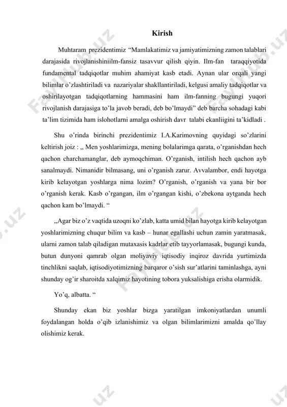 malar) yo‘q toza holdagi yoki kirishmalar hissasi kam bo‘lgan, yarim o‘kazgichlarning elektr o‘tkazuvchanligi xususiy o‘tkazuvchanlik deb ataladi. toza yarim o‘tkazgich moddalar past temperaturada elektr tokini yomon o‘tkazadi. bunga sabab, ularda elektronning energetik zonalari to‘ldirishi dielektriklardagiga o‘xshashidir. t=0 k da yarim o‘tkazgichlarda valent zonasi elektronlar bilan to‘la to‘lgan bo‘lib, unga yuqoridagi zona o‘tkazuvchanlik zonasi bo‘sh bo‘ladi. 1-rasm. yarim o‘tkazgichning energiya zonalari etarlicha past temperaturada (t0 k) o‘tkazuvchan zona bo‘lishi uchun yarim o‘tkazgich elektr tokini o‘tkazmaydi. temperatura ko‘tarilishi bilan issiqlik energiyasi ta’sirida valent zonadagi ba’zi elektronlar o‘tkazuvchan zonaga o‘tib oladi. valent zonada esa musbat zarralar-kovaklar hosil bo‘ladi. yarim o‘tkazgichlarda zaryad tashuvchilar vazifasini elektronlar va kovaklar o‘taydi. kovalent bog‘lanish hosil qilishda qatnashayotgan elektronlardan biri issiqlik harakati natijasida atomlardan uzilib erkin elektronga aylanadi. elektron etishmayotgan bog‘lanish harakatchan kovaklardan iborat. erkin elektronlar ham, erkin kovak ham kristall panjara bo‘ylab ko‘chib yurishi mumkin. qo‘shni bog‘dan elektron tortib olish natijasida mazkur joyda kavak yuqoladi lekin qushni bog‘da …