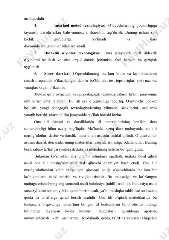 holda kuzatish, taqqoslash, guruhlarga ajratish, umumlashtirish kabi usullardap foydalanib, qoida, ta’rif va xulosalar chiqarish yo’lidir. bu usulnipg mohiyati shundaki, unda o’quvchiga kat’iy qoidalar berilmaydi, o’quvchi qoida yodlash bilan bapd bo’lmaydi, balki bir qator o’xshash na noo’xshash hodisalarni saralab, ular ustida ishlaydi va o’qituvchi hamkorligida saralangan hodisalarni umumlashtiradi. bu usul orqali o’quvchilarning aqliy faoliyati rivojlanadi, o’quv materialini tushunish engillashadi. bu usulda til hodisalari o’quv topshiriqlari shaklida beriladi. masalan, 5-sinfda «uyushiq bo’laklar» mavzusiga oid nazariy ma’lumotlarning o’quv topshirig’i tarzida berilishini ko’rib o’taylik: 51-mashq. 1-topshiriq. berilgan gapdagi ajratib ko’rsatilgan so’zlar qaysi gap bo’lagi bo’lib kelganligini aniqlang. 1. o’zbek xalqi azaldan ajoyib xususiyatli, mehrli, oqibatli xalq bo’lgan. 2. buyuk san’atkor olim xo’jayev madaniyatimizda o’chmas, yorqin iz qoldirdi. 3. adolatsizlikka, nohaqlikka qarshi kurashish kerak. 2-topshiriq. ajratib ko’rsatilgan so’zlarga so’roq bering, ularning qaysi so’zga bog’langanligini aniqlang. bilib oling! bitta hokim so’zga birikib kelgan bir xil gap bo’laklari uyushiq bo’laklardir. uyushiq bo’laklar sanash ohangi bilan aytiladi. yozuvda …