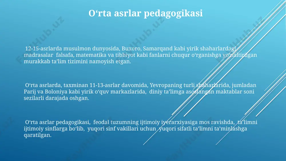 йлаб тарқалди, бу тасвирий ўқитиш усулининг ривожланишига туртки бўлди. uygʻonish davri pedagogikasi ushbu davrda 7 yoshdan 14 yoshgacha boʻlgan bolalar uchun grammatika, retorika va mantiq kabi “trivium” fanlarini o‘qitishga katta ahamiyat berildi, bu esa keyinchalik universitetga tayyorgarlikni ta’minladi. uygʻonish davri pedagogikasi insonparvarlik gʻoyalariga asoslangan boʻlib, 14-16-asrlar davomida yevropaning turli mamlakatlarida, shu jumladan, ispaniya va fransiyada keng tarqaldi. xvi asrda italiyaning renessans davri shaharlarida, masalan, florensiyada va rimda, yangi tipdagi maktablar – humanistik maktablar paydo bo‘lib, klassik adabiyotlarni o‘rganishga alohida e’tibor qaratildi. qadimgi davr pedagogikasi qadimgi misrda, taxminan 3000 yil avval, iyeroglif yozuvi orqali bilim o'rgatish usullari rivojlangan bo'lib, ularning ta'lim tizimi kasb-hunarga yo'naltirilgan edi. qadimgi yunonistonda, miloddan avvalgi 5-4 asrlarda, sofistlar maktablari ritorika va mantiqqa katta e'tibor qaratgan, demokratiya rivojiga ta'sir ko'rsatgan. qadimgi rim imperiyasi davrida, milodiy 1-2 asrlarda, grammatika va retorikaga asoslangan ta'lim tizimi keng tarqalgan bo'lib, imperiya hududidagi turli shaharlarda maktablar faoliyat yuritgan. gumanizm va reformatsiya davri pedagogikasi …