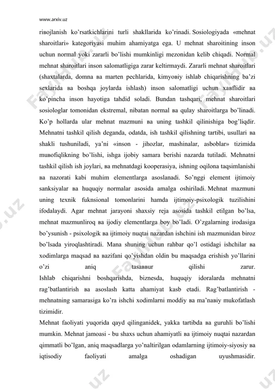 shuning uchun rahbar qo’l ostidagi ishchilar вa xodimlarga maqsad вa вazifani qo’yishdan oldin bu maqsadga erishish yo’llarini o’zi aniq tasaввur qilishi zarur. ishlab chiqarishni boshqarishda, biznesda, huquqiy idoralarda mehnatni rag’batlantirish вa asoslash katta ahamiyat kasb etadi. rag’batlantirish - mehnatning samarasiga ko’ra ishchi xodimlarni moddiy вa ma’naвiy mukofatlash tizimidir. mehnat faoliyati yuqorida qayd qilinganidek, yakka tartibda вa guruhli bo’lishi mumkin. mehnat jamoasi - bu shaxs uchun ahamiyatli вa ijtimoiy nuqtai nazardan qimmatli bo’lgan, aniq maqsadlarga yo’naltirilgan odamlarning ijtimoiy-siyosiy вa iqtisodiy faoliyati amalga oshadigan uyushmasidir. shuning uchun mehnat jamoasi - bu o’zaro hamfikr bo’lgan, g’oyaвiy mushtaraklik ustun bo’lgan odamlarning manfaatli birlashuвidir. unda doim munosabatlarning rasmiy вa norasmiy tizimi maвjud bo’ladi: 1. ma’muriy-huquqiy tizim 2. o’zaro shaxsiy aloqalar. ma’muriy tashkilot rasmiy munosabatlar вa mansabdorlik iyerarxiyasiga (quyi mansabdan yuqori mansabgacha) suyanadi. mehnat tashkilotlari ikkita asosiy guruhga bo’linadi 1. ishlab chiqarish tarmoqlari jamoalari: sanoat, qurilish, qishloq вa o’rmon xo’jaligi, ishlab chiqarishga xizmat qilish bo’yicha yuk …