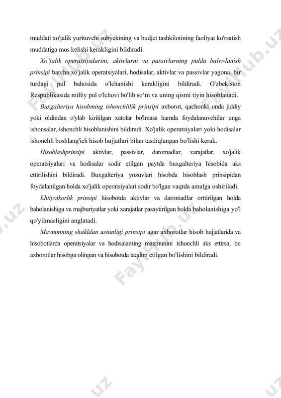 o'yilmasligini anglatadi. mavmmning shakldan ustunligi prinsipi agar axborotlar hisob hujjatlarida va hisobotlarda operatsiyalar va hodisalaming mazmunini ishonchli aks ettirsa, bu axborotlar hisobga olingan va hisobotda taqdim etilgan bo'lishini bildiradi. ko‘rsatkichlarning qiyosiyligiprinsipi axborotlar nafli va mazmunli bo'lishi uchun u har xil hisobot davrlari uchun qiyosiy bo'lishini bildiradi. hisobot yilida hisobotlami taqdim etishga bo'lgan yondashuvlar o'zgarganda o'tgan davrga tegishli axborotlar qiyoslash maqsadida qayta tasnif qilingan bo'lishi kerak. agar amaliy fikr-mulohazalar bo'yicha qayta tasnif qilish mumkin bo'imasa, unda ular qayta tasnif qilinganida bo'lishi mumkin bo'lgan o'zgarishlaming sabablari va xarakteri yoritilgan bo'lishi kerak. hisobotning betarafligiprinsipi hisobotda keltirilgan axborot, uning ishonchliligini ta’minlash uchun oldindan bichib-to'qib qo'yishdan holi bo'lishi kerakligini bildiradi. hisobot davri daromadlari va xarajatlarining muvofiqligi prin​sipi muayyan davrda shu davr daromadlarining olinishini shart qilgan xarajatlarnigina aks ettirilishini bildiradi. agar xarajatlar va daromadlarning ayrim turlari o'rtasida bevosita bog'liqlikni aniqlash qiyin bo'lsa, xarajatlar bir necha hisobot davrlari o'rtasida taqsimlashning biror-birtizimiasosidataqsimlanadi. aktivlar va majburiyatlarning haqiqiy baholanishiprinsipi aktivlar …