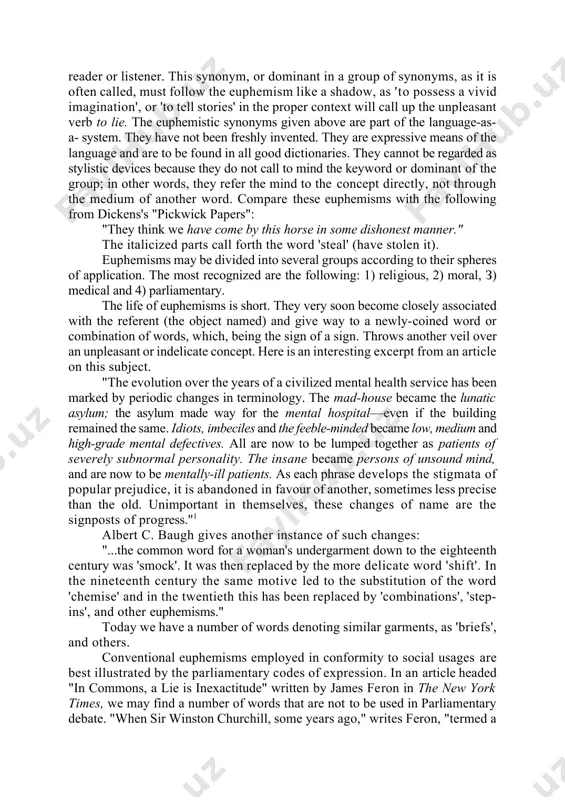 word. depending on the mechanism of this substitution, periphrases are classified into figurative (metonymic and metaphoric), and logical. the first group is made, in fact, of phrase-metonymies and phrase-metaphors, as you may well, see from the following example: "the hospital was crowded with, the surgically interesting products of the fighting in africa" (i. sh.) where the extended metonymy stands for "the wounded". logical periphrases are phrases synonymic with the words which were substituted by periphrases: "mr. du pont was dressed in the conventional disguise with, which brooks brothers cover the shame of american millionaires." (m. st.) "the conventional disguise" stands here for "the suit" and "the shame of american millionaires" – for "the paunch (the belly)". because the direct nomination of the not too elegant feature of appearance was substituted by a roundabout description this periphrasis may be also considered euphemistic, as it offers a more polite qualification instead of …