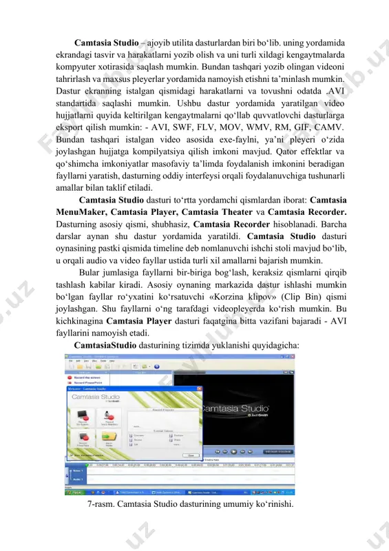 d. ana shu afzalliklari tufayli videodarslar yozuvchi dastur sifatida camtasia studio tanlandi. camtasia studio – ajoyib utilita dasturlardan biri bo‘lib. uning yordamida ekrandagi tasvir va harakatlarni yozib olish va uni turli xildagi kengaytmalarda kompyuter xotirasida saqlash mumkin. bundan tashqari yozib olingan videoni tahrirlash va maxsus pleyerlar yordamida namoyish etishni ta’minlash mumkin. dastur ekranning istalgan qismidagi harakatlarni va tovushni odatda .avi standartida saqlashi mumkin. ushbu dastur yordamida yaratilgan video hujjatlarni quyida keltirilgan kengaytmalarni qo‘llab quvvatlovchi dasturlarga eksport qilish mumkin: - avi, swf, flv, mov, wmv, rm, gif, camv. bundan tashqari istalgan video asosida exe-faylni, ya’ni pleyeri o‘zida joylashgan hujjatga kompilyatsiya qilish imkoni mavjud. qator effektlar va qo‘shimcha imkoniyatlar masofaviy ta’limda foydalanish imkonini beradigan fayllarni yaratish, dasturning oddiy interfeysi orqali foydalanuvchiga tushunarli amallar bilan taklif etiladi. camtasia studio dasturi to‘rtta yordamchi qismlardan iborat: camtasia menumaker, camtasia player, camtasia theater va camtasia recorder. dasturning asosiy qismi, shubhasiz, camtasia recorder hisoblanadi. barcha darslar aynan …
