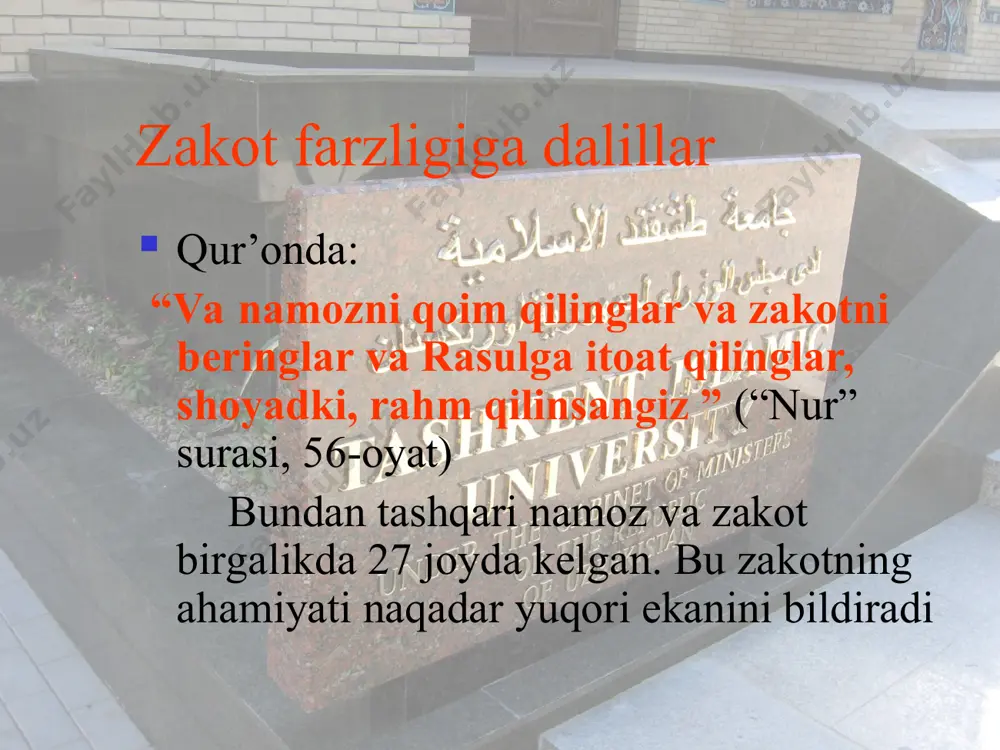 . viii asrda ushbu to‘lov sadaqa (zakotning monandi) nomiga ega edi. islomning avvalgi davrlarida sadaqa va zakot so‘zlari ma'nosi bo‘yicha bir xil edi. bugungi kunda zakotni fuqaroligidan qat'i nazar, lar to‘lashlari lozim. mamlakatda aktivlarga ega bo‘lgan yoki daromad olayotgan barcha musulmonlar to‘lashlari lozim. zakot shakllari. quyida sanab o‘tilgan mulklar bo‘yicha zakot to‘lash majburiy hisoblanadi: har bir 85 gramm tillodan yoki shu miqdordagi oltinga ekvivalent bo‘lgan pul miqdori hamda pul birliklaridan; daromad olish va savdo predmeti hisoblangan tovarlardan. ushr zakoti (barcha yig‘ib olingan hosildan); tuya, echki, qo‘y va sigir kabi chorvadan. soliqqa tortila- digan sigirlarning eng kam miqdori 30 bosh bo‘lib, undan bir sigir yoki buqa undiriladi. soliqqa tortiladigan qo‘ylarning eng kam miqdori 40 bosh hisoblanadi va ulardan 1 ta qo‘y undiriladi. soliqqa tortiladigan tuyalar soni eng kam miqdori 5 ta bo‘lib, undan bir qo‘y undiriladi; foyda keltirib turuvchi ko‘chmas mulkdan. agar ko‘chmas mulkdan olinadigan foyda nisobga yetsa, ish yuritish uchun …