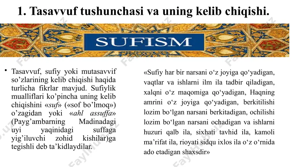 riga yetkazadi, har bir fikr, so‘z, ish, niyat haqiqatga bog‘liq bo‘lish, har bir harakatini robbi ila bog‘lash va uni qudsiyat olamiga olib chiqishdir. tasavvuf ta'limotining mohiyati 1 qalb tarbiyasi tasavvuf ta'limotida qalbni pokiza, nurli va komil qilish asosiy maqsad hisoblanadi. 2 ruhaniy yuksalish komillik sari intilish, alloh bilan yaqinlashish, ma'naviy go'zallikka erishishdir. 3 axloqiy kamol komil inson sifatlarini singdirish, yuksak fazilatlarni shakllantirish alohida o'rin tutadi. 7 tasavvufiy qadriyatlarning amaliy qo'llanishi ibodatlar namoz, zikr, muraqqa'ba, riyozat kabi amalar tasavvuf an'anasining ajralmas qismidir. ruhiy mashqlar murakkaб ichki safar, nafs tarbiyasi, xulq-atvor madaniyatini shakllantirish borasidagi amallar. axloqiy mezonlar adolat, mehr-oqibat, saxovat, sabr-toqat kabi fazilatlarni namoyon etish. tasavvufning shakllanishiga qur’on oyatlari, hadislar, va qadimgi sharq falsafasi, jumladan, eron, hind, va yunon madaniy-falsafiy g‘oyalari ham ta'sir ko'rsatgan. bu ta’limot keyinchalik hasan al-basriy kabi mashhur shayxlar orqali rivojlanib, xiv asrda tashkil topgan "naqshbandiya" va "qodiriya" kabi mashhur tariqatlar shaklida o‘zining an'anaviy ko‘rinishini oldi 8 2.tasavvufda asosiy …