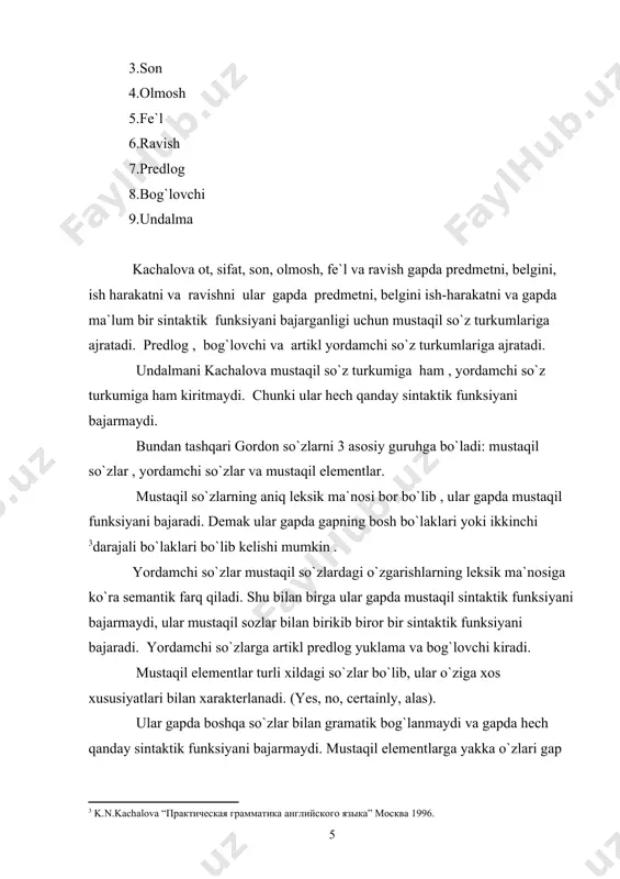 chi fe`l). “to have” fe`li “i have a car” gapida mustaqil fe`l, “i have done it today” gapida esa modal fe`l bo`lib kelgan. v.n.jigadlo, i.p.ivanova, l.l iofik kabi tilshunoslar so`zlarni ikki guruhga mustaqil va formal so`zlarga bo`lishadi. ular yordamchi so`zlarni formal so`zlar deb atashadi. mustaqil so`zlarga gordon predmet, ish-harakat va boshqa hodisalarni ifodalagan so`zlarni kiritsa, formal so`zlarga mustaqil so`zlar o`rtasidagi bog`lanishni va munosabatni bildiruvchi so`zlarni kiritishadi. ingliz tilida predloglar boshqa so`z turkumlari kabi yordamchi so`zlarga oid bo`ladi. v.a.plotnikova ko`makchi so`zlarni quyidagicha ta`riflaydi: “ko`makchi so`zlar nominativ ma`nosi bo`lmagan leksemalarga o`xshab mustaqil so`zlarni harakterlab keladi, ular predmetni, belgini, xususiyatni, ish-harakatni ko`rsatmaydi.; ko`makchi so`zlarning leksik mazmuni mustaqil so`zlar orqali o`z xususiyatiga ega bo`ladi. shuning uchun ko`makchi so`zlar o`z mazmuniga ko`ra, mustaqil so`z turkumlaridek semantik birlikka ega emas. predloglarning mazmuni to`grisida rus lingvistlari bir xil fikr bildirishmagan. k.s.asakov, n.p.nekrasov, f.i.buslayev, a.x.vostokov kabu olimlar predloglarni mavjudligini tan olishgan bo`lsa, a.m.pemkovskiy uni inkor etgan. a.a.potebni esa …