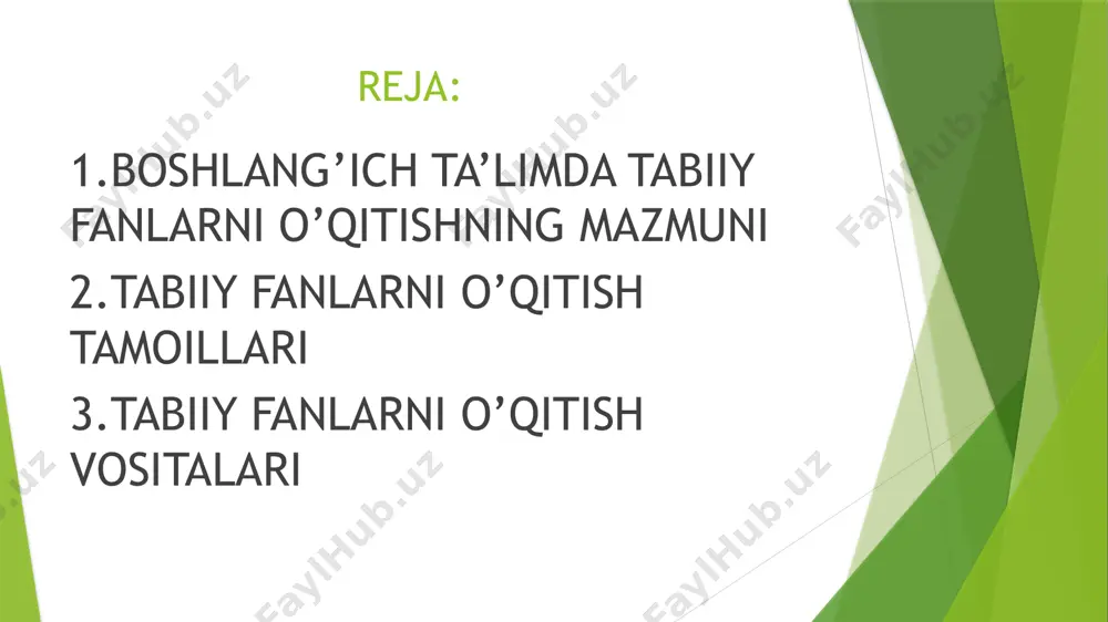 nati haqida, 3-4 sinflarda tabiat, tabiat hodisalari, mamlakatimiz geografiyasi haqida boshlang‘ich ma’lumotlar beriladi. umumiy o‘rta ta’lim tizimida o‘quvchilarda fanga oid umumiy kompetensiyalar bilan birgalikda tayanch kompetensiyalar shakllantirilishi belgilab berilgan. tabiiyot va geografiya fanlarini o‘qitish jarayonida o‘quvchilarda tayanch kompetensiyalar shakllantirilib boriladi. o‘quvchilarda shakllantiriladigan tayanch kompetensiyalar elementlari: kommunikativ kompetensiya: a1 mustaqil fikrini og‘zaki va yozma tarzda bayon eta olish, darslik, o‘quv atlasi ma’lumotlardan samarali foydalana olish, guruhlar bilan ishlaganda muomala madaniyatiga amal qilish. a1+ manbalardan foydalanib, mavzu bo‘yicha yozma matn tuza olish axborotlar bilan ishlash kompetensiyasi: a1 kompyuter, televizor va boshqa manbalardan mavzuga doir zarur ma’lumotlarni izlab topish, ulardan samarali foydalana olish va mediamadaniyatga rioya qilish. a1+ media vositalardan foydalanib, mavzuga doir didaktik topshiriqlarni bajara olish. o‘zini o‘zi rivojlantirish kompetensiyasi: a1 fan to‘garagida, uyda rasmli kitoblar, jurnallardan foydalanib, mustaqil ishlay olish, sportning yoshiga mos turi bilan shug‘ullana olish, o‘zini tuta olish, o‘zining xatosini tushuna olish. a1+ manbalardan foydalanib, tabiat hodisalariga doir referat …