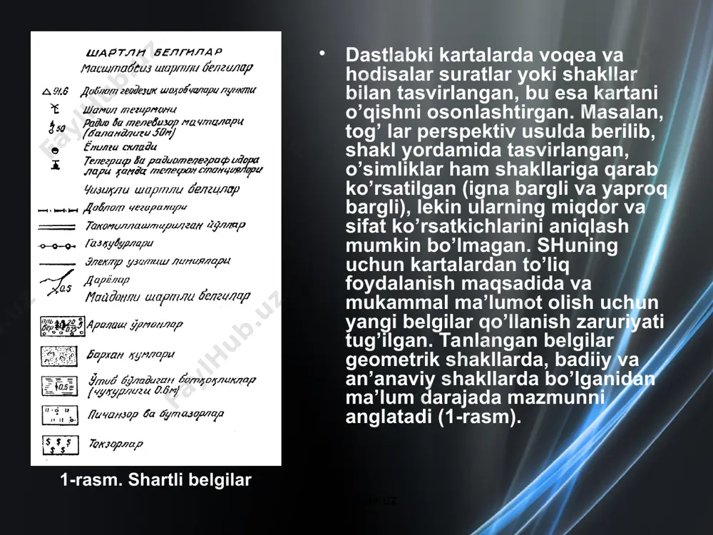 arxiv.uz www.arxiv.uz www.arxiv.uz www.arxiv.uz ko’rgazmali belgi­lar voqea va hodisa­larning shakllaridan ibo­rat bo’lib, karta o’q­ishini ancha osonlash­tiradi, lekin bunda geo­metrik aniqlik uncha sezilmaydi. bu usuldan targ’ibot va tashviqot kartalarida ko’proq foy­dalaniladi. ob’ektlar belgilarda tasvirlansa, ob’ektni haqiqiy o’rni muayyan shaklning mar­kazi bo’lishi kerak. lekin ba’zi kartalarda ob’ekt o’z o’rnidan bir oz siljigan holatda ham bo’ladi. bu usulni geo­grafik kartalarda qo’l­lash birmuncha murak­kabroq. o’rta yoki oliy yquv yurt kartalarini yoxud ilmiy ma’lumot­noma tipidagi kartalar­ni tuzishda belgilarning bir xil variantlarni ishlatish to’g’ri emas, chunki ob’ektlarning eng kichik va eng katta ko’r­satkichlar orasidagi farq katta bo’lsa belgi­lardan foydalanish qi­yinlashadi. voqea va ho­disalar absolyut (mutlaq) va nisbiy miqdorda tasvirlanadi. absolyut ko’rsatkichlar belgining uzunlik, maydon va hajm o’lchamlarida berilishi mumkin. ko’rsatkichlar uzunlik o’lchamida berilsa, uni o’qish va taqqoslash oson, ya’ni o’lchagich yoki chizg’ich bilan aniqlab masshtab asosiga ko’paytirilsa, ko’rsatkichning miqdori ma’lum bo’ladi. bu usul qo’llanilganda masshtab asosi oldindan belgilanib olinadi, ya’ni 1000 tonna mahsulot 1 mm uzunlikka …