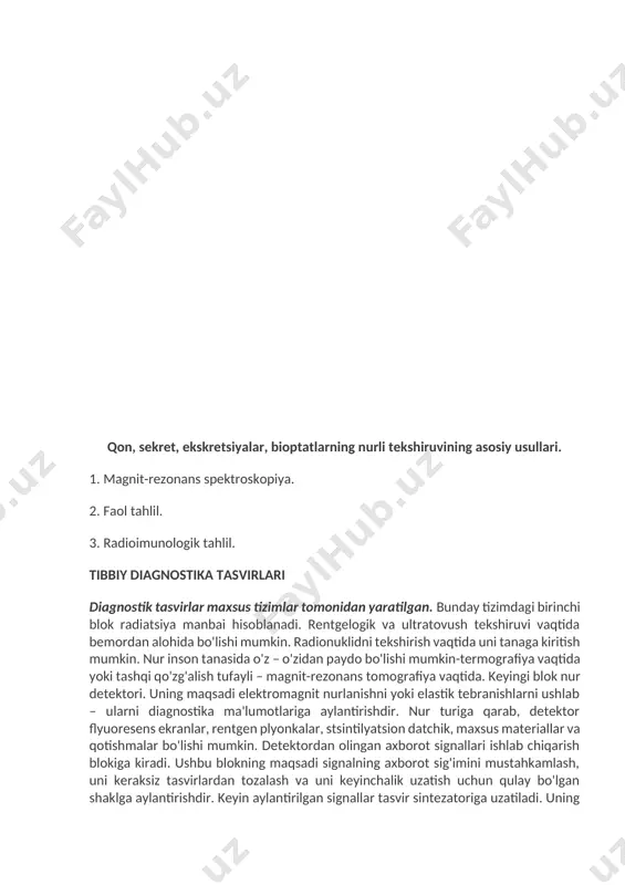 ignalning axborot sig'imini mustahkamlash, uni keraksiz tasvirlardan tozalash va uni keyinchalik uzatish uchun qulay bo'lgan shaklga aylantirishdir. keyin aylantirilgan signallar tasvir sintezatoriga uzatiladi. uning maqsadi o'rganilayotgan ob'ektga: organ, tananing bir qismi, butun inson tasvirini yaratishdir. turli nurli usullarda bu har xil bo'ladi. tibbiy tasvirlarning butun xilma-xilligi ikkita asosiy guruhga bo'linadi: analog va matritsali rasmlar. analog tasvirlar uzluksiz xarakterga ega bo'lgan ma'lumotlarni o'z ichiga oladi. ushbu rasvir an'anaviy rentgenografiyalarda, stsintigramlarda, termogrammalarda. analog signal juda ko'p keraksiz ma'lumotlarga ega. matritsali tasvirlar kompyuter yordamida olingan tasvirlardir. ular kompyuter xotirasida ifodalangan matritsaga asoslangan. matritsali tasvirlar - bu kompyuter tomografiyasi, raqamli rentgenografiya, raqamli floroskopiya, raqamli angiografiya, mrt, ehm sintigrafiya, raqamli termografiya, ultratovush tekshiruvi yordamida olingan tasvirlar. analog tasvirlarni matritsa tasvirlarga va aksincha matritsa tasvirlarni analog tasvirlarga aylantirish mumkin. buning uchun maxsus qurilmalar qo'llaniladi: analog-raqamli va raqamli-analogik qabul qiluvchilar. matritsali rasmlarning muhim afzalligi ularni kompyuterda qayta ishlash imkoniyatidir. organdagi patologik o'choqlarni aniqlashni yaxshilash uchun siz tasodifiy …