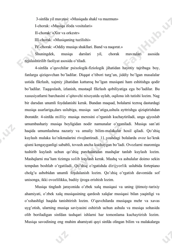 hqlar tanlab kuylash lozim. mashqlarni ma’lum tizimga solib kuylash kerak. mashq va ashulalar doimo sekin tempdan boshlab o’rgatiladi. qo’shiq o’rgatishda dirijyorlik uslubida fortepiano cholg’u asbobidan unumli foydalanish lozim. qo’shiq o’rgatish davomida sof unisonga, ikki ovozlilikka, badiiy ijroga erishish lozim. musiqa tinglash jarayonida o’zbek xalq musiqasi va uning ijtimoiy-tarixiy ahamiyati, o’zbek xalq musiqasining qardosh xalqlar musiqasi bilan yaqinligi va o’xshashligi haqida tanishtirish lozim. o’quvchilarda musiqaga mehr va xavas uyg’otish, ularning musiqa saviyasini oshirish uchun ashula va musiqa sohasida olib boriladigan sinfdan tashqari ishlarni har tomonlama kuchaytirish lozim. musiqa savodining eng muhim ahamiyati quyi sinfda olingan bilim va malakalarga asoslanib, vokal-xor mashqlari va qo’shiqlarni nota bilan kuylash. o’quvchilarning ton va yarim ton haqidagi bilimini mustahkamlash. lad haqidagi bilim va malakalarni mustahkamlash. major va minor uchtovushliklari va tovush qatorlarini jo’rli va jo’rsiz kuylash, eshitish va taqqoslab aniqlash. 4/4 o’lchovini vokal-xor mashqlari va asarlar musolida o’rganish. punktir ritmni musiqaning ifoda vositasi sifatida or’ganish. 3/4 …