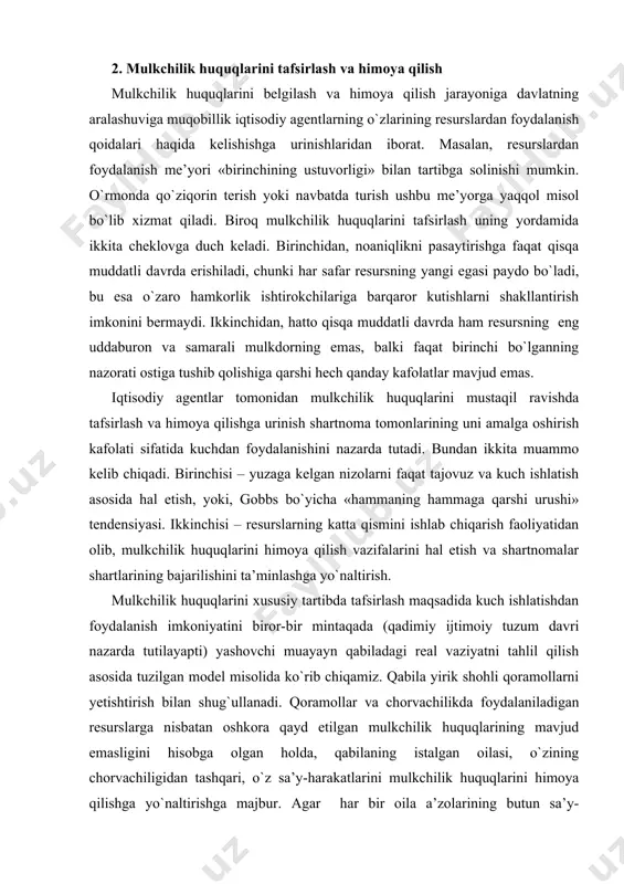 i xususiy tartibda tafsirlash maqsadida kuch ishlatishdan foydalanish imkoniyatini biror-bir mintaqada (qadimiy ijtimoiy tuzum davri nazarda tutilayapti) yashovchi muayayn qabiladagi real vaziyatni tahlil qilish asosida tuzilgan model misolida ko`rib chiqamiz. qabila yirik shohli qoramollarni yetishtirish bilan shug`ullanadi. qoramollar va chorvachilikda foydalaniladigan resurslarga nisbatan oshkora qayd etilgan mulkchilik huquqlarining mavjud emasligini hisobga olgan holda, qabilaning istalgan oilasi, o`zining chorvachiligidan tashqari, o`z sa’y-harakatlarini mulkchilik huquqlarini himoya qilishga yo`naltirishga majbur. agar har bir oila a’zolarining butun sa’y-harakatlari qoramollarni yetishtirishga yo`naltirilsa, u 10 ga teng foydalilik ko`rsatichiga ega bo`ladi, deylik. biroq, agar oilalardan biri qurollangan qo`riqchilarga ega bo`lsa, u holda ushbu oila boshqa tinchliksevar oilaga potensial tahdid soladi: kuch ishlatishdan foydalanish asosida birinchi oila katta resurslarni egallab olishi va nazorat qilishi mumkin. agar ikkala oila ham o`z a’zolarini qurollantirsa, chorvachilik bilan band bo`lganlar sonining qisqarishi tufayli ular oladigan foyda darajasi 4 gacha kamayadi. ko`rsatkichlar taqsimoti 2-oila qo`riqchilarni saqlab turadi faqat chorvachilik 1-oila qo`riqchilarni saqlab …